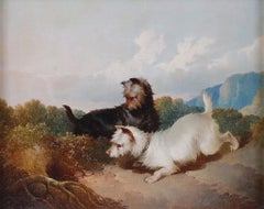 Two Terrier Dogs Painting, Oil on Canvas, Signed Paul Jones, Mid-19th Century