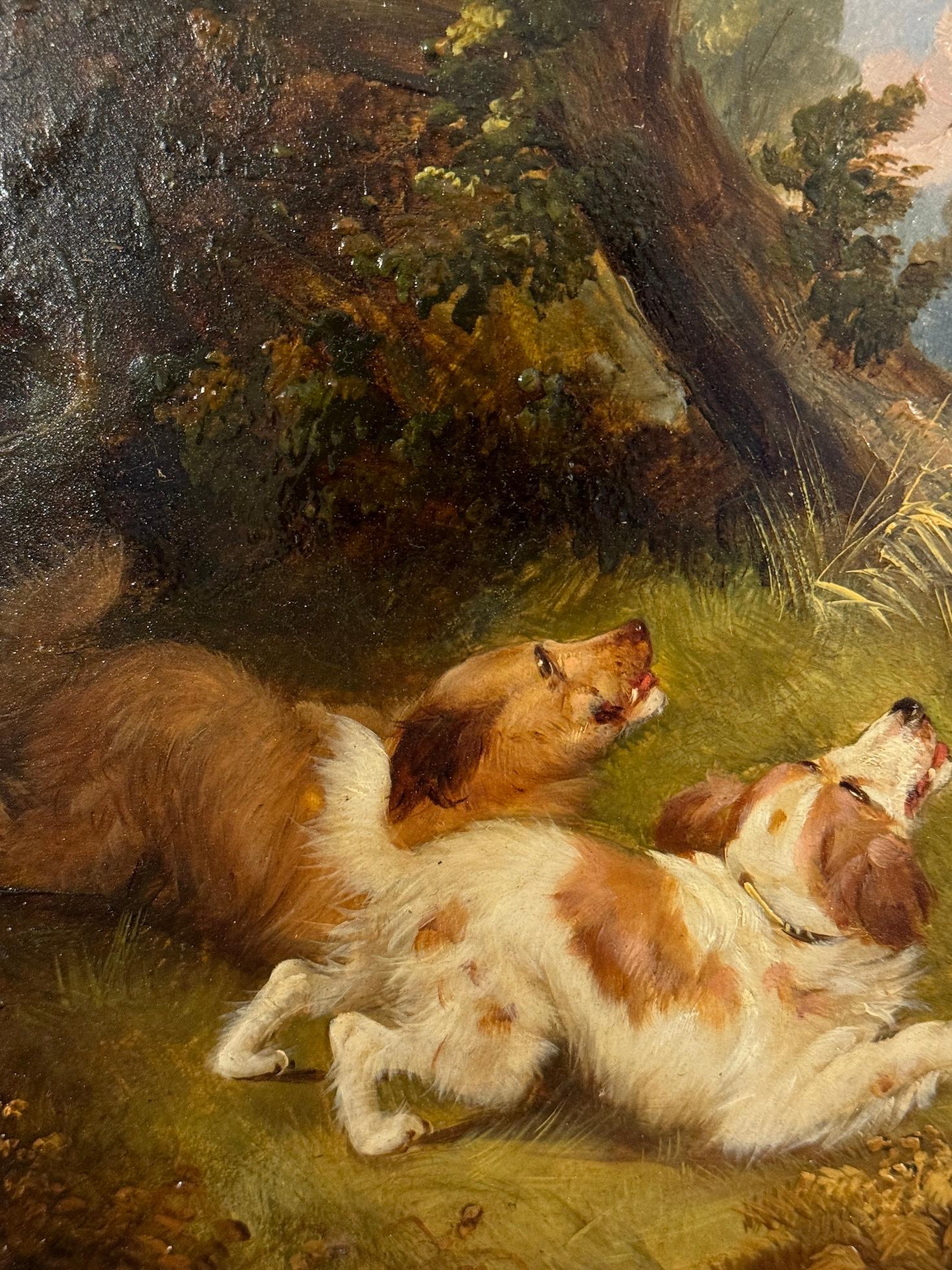 19th century English, Spaniels in a landscape chasing after a Pheasant - Painting by Paul Jones