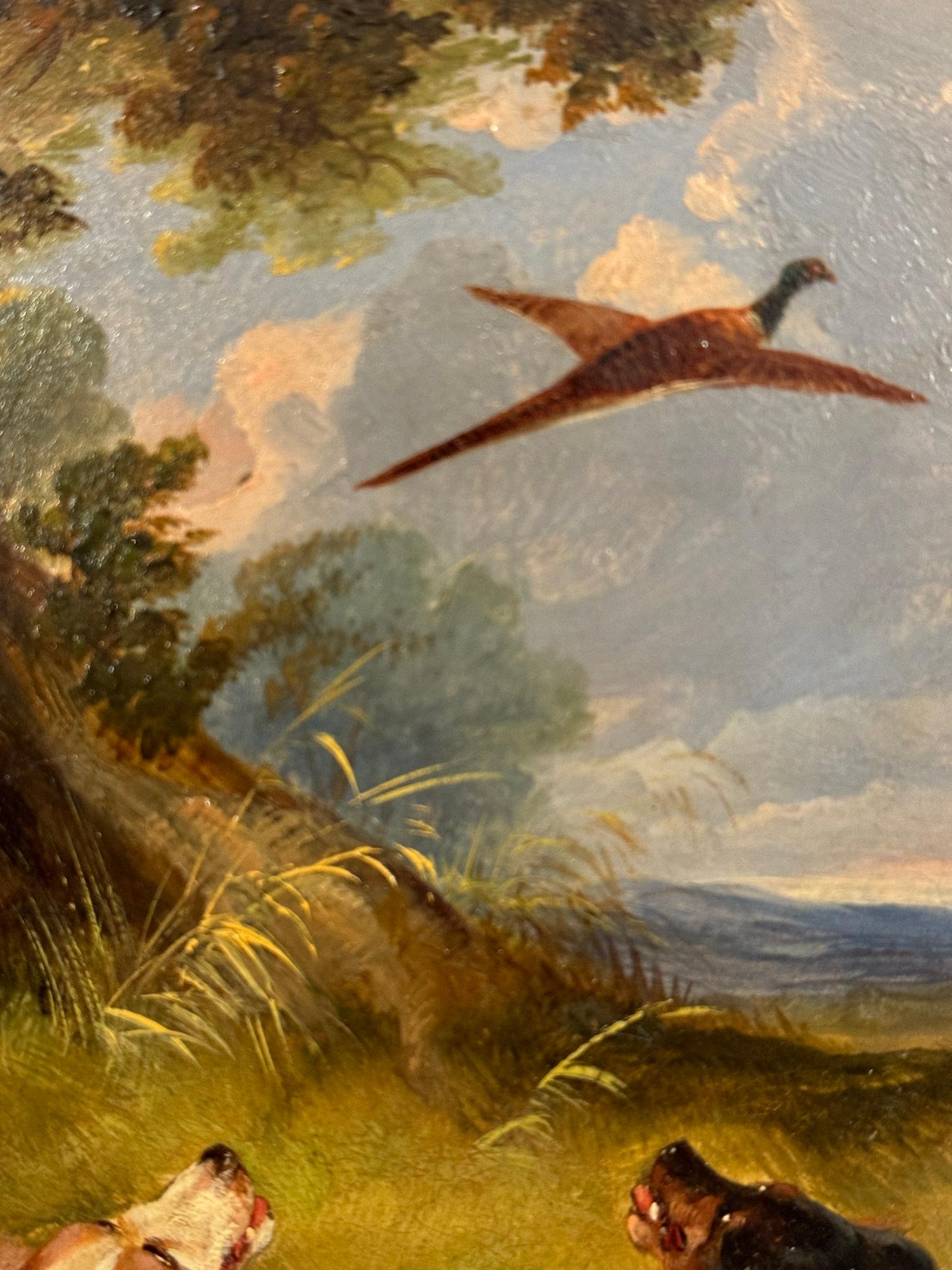 19th century English, Spaniels in a landscape chasing after a Pheasant - Victorian Painting by Paul Jones