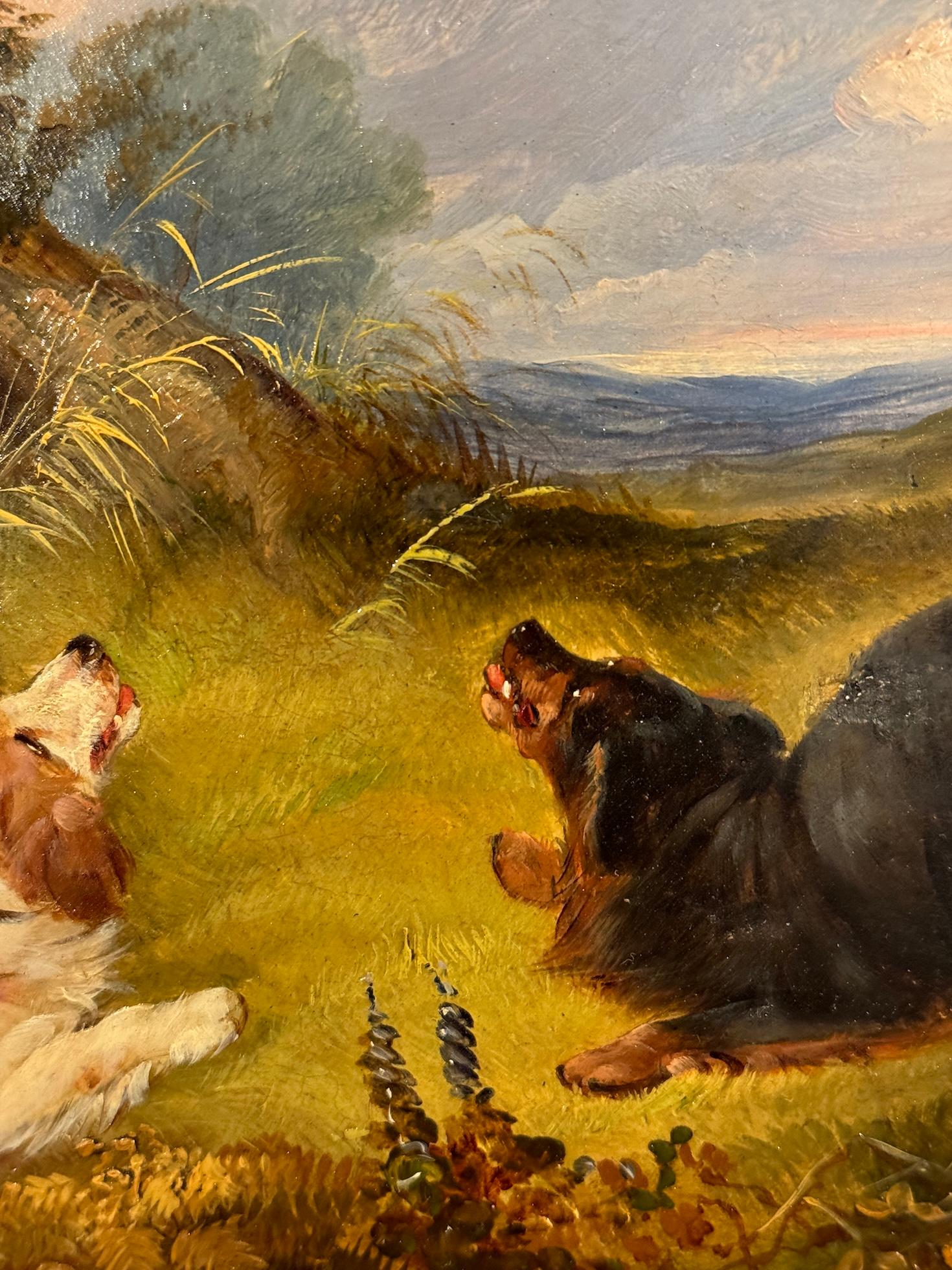 19th century English, Spaniels in a landscape chasing after a Pheasant - Brown Landscape Painting by Paul Jones