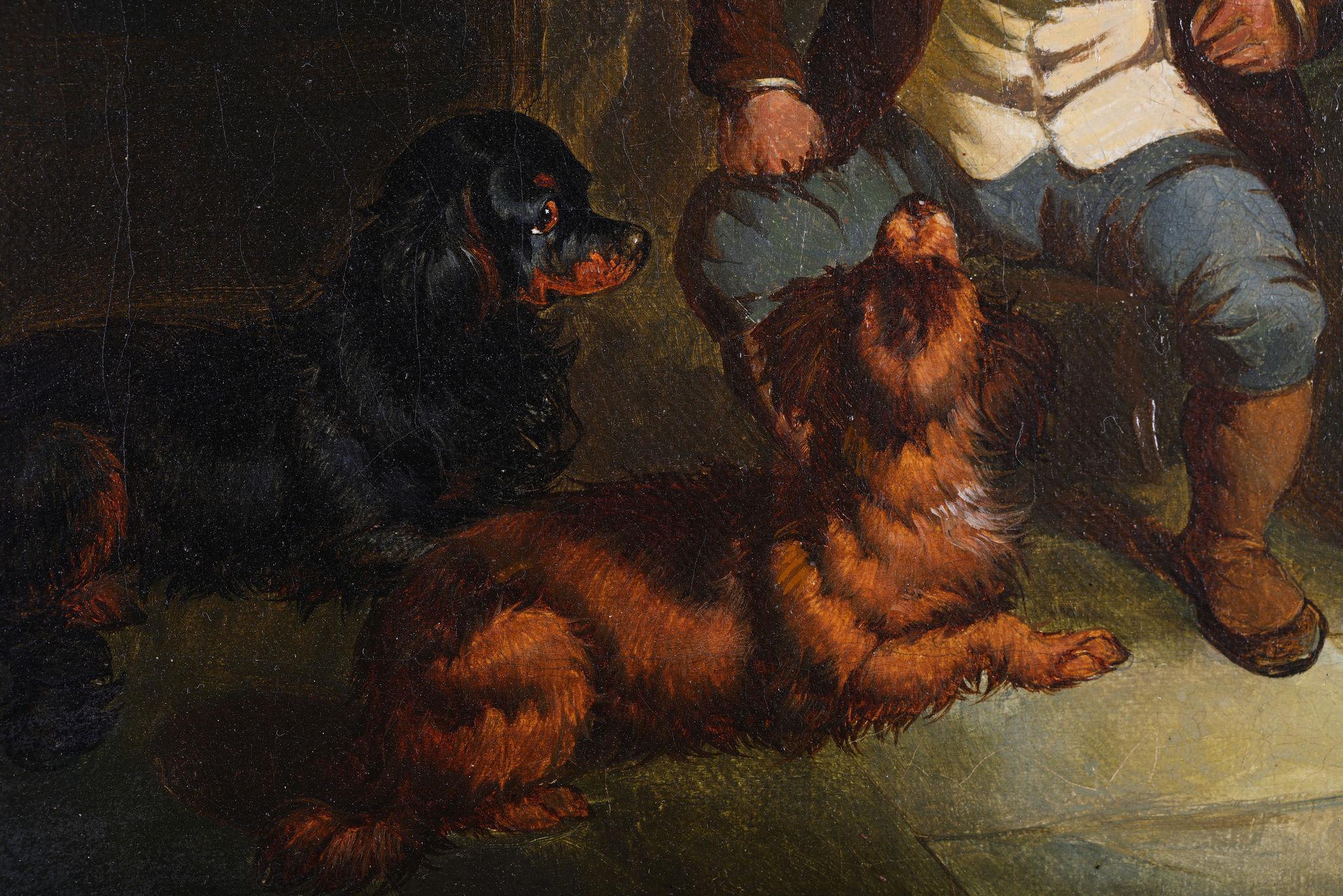 „3 Terriers and a Gillie“ und „3 Spaniels and a Gillie“, ein Paar Ölgemälde – Painting von Paul Jones b.1855
