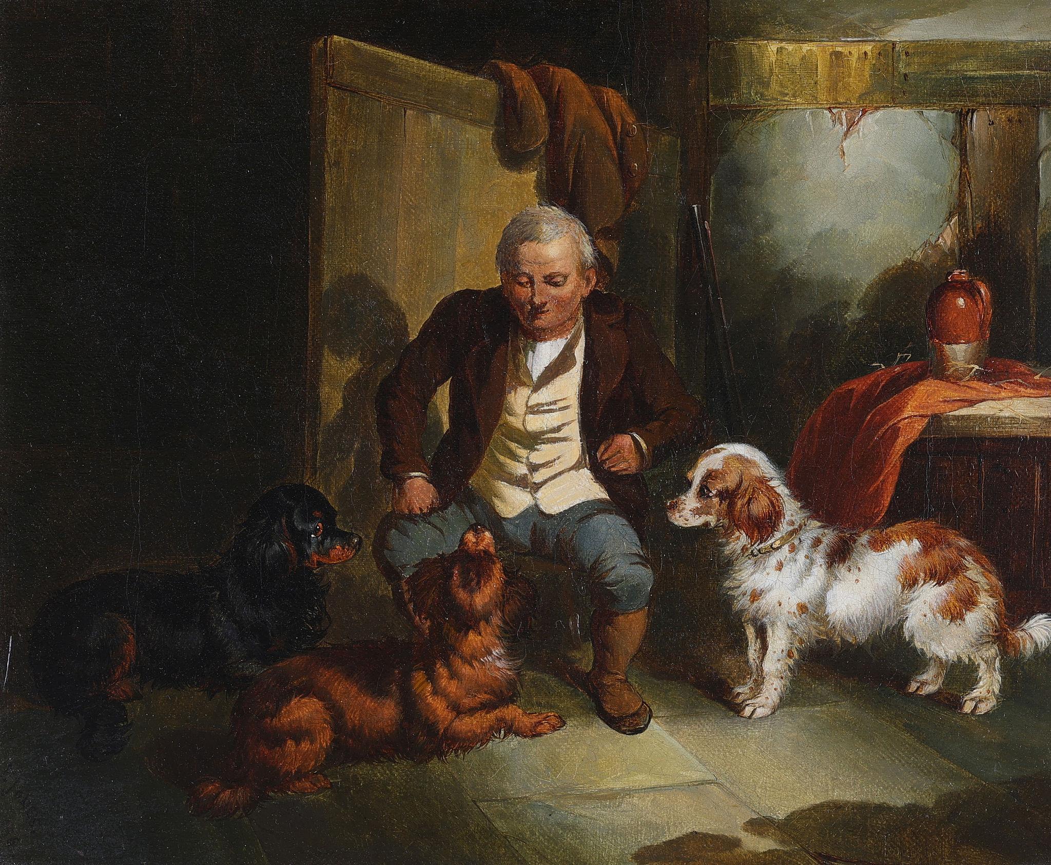 « 3 Terriers and a Gillie » et « 3 Spaniels and a Gillie », deux peintures à l'huile en vente 1