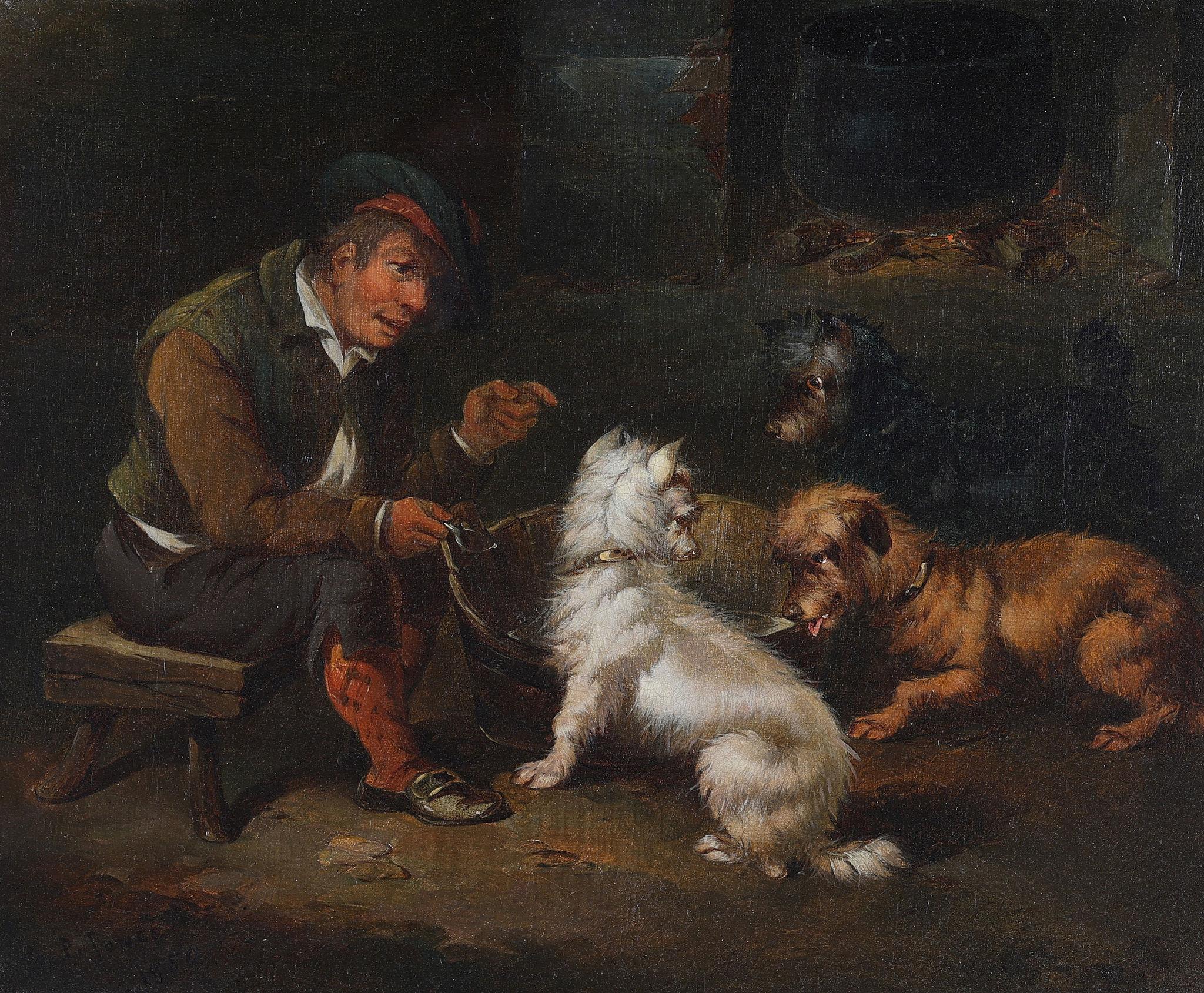 « 3 Terriers and a Gillie » et « 3 Spaniels and a Gillie », deux peintures à l'huile en vente 4