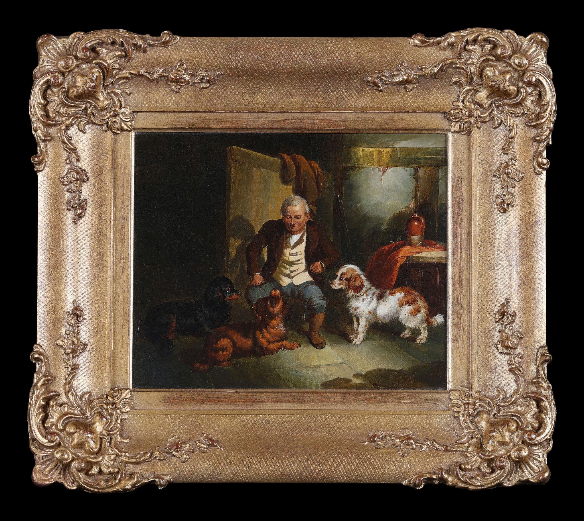Paul Jones b.1855 Animal Painting - '3 Terriers and a Gillie' and '3 Spaniels and a Gillie', a pair of oil paintings