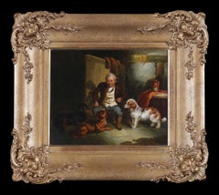 Antique '3 Terriers and a Gillie' and '3 Spaniels and a Gillie', a pair of oil paintings