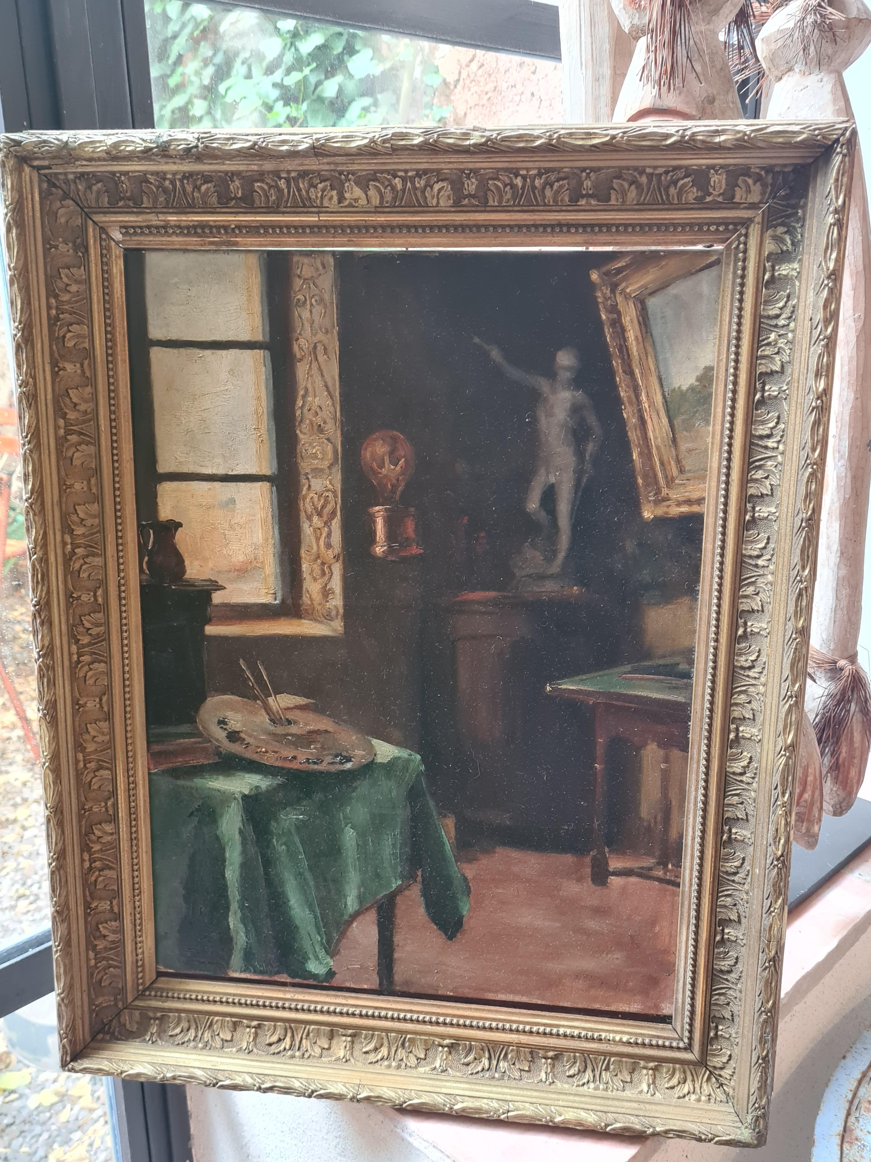 Vista interna, Atelier dell'artista, Fine del XIX secolo, Olio su tela - Painting di Paul Joseph Blanc