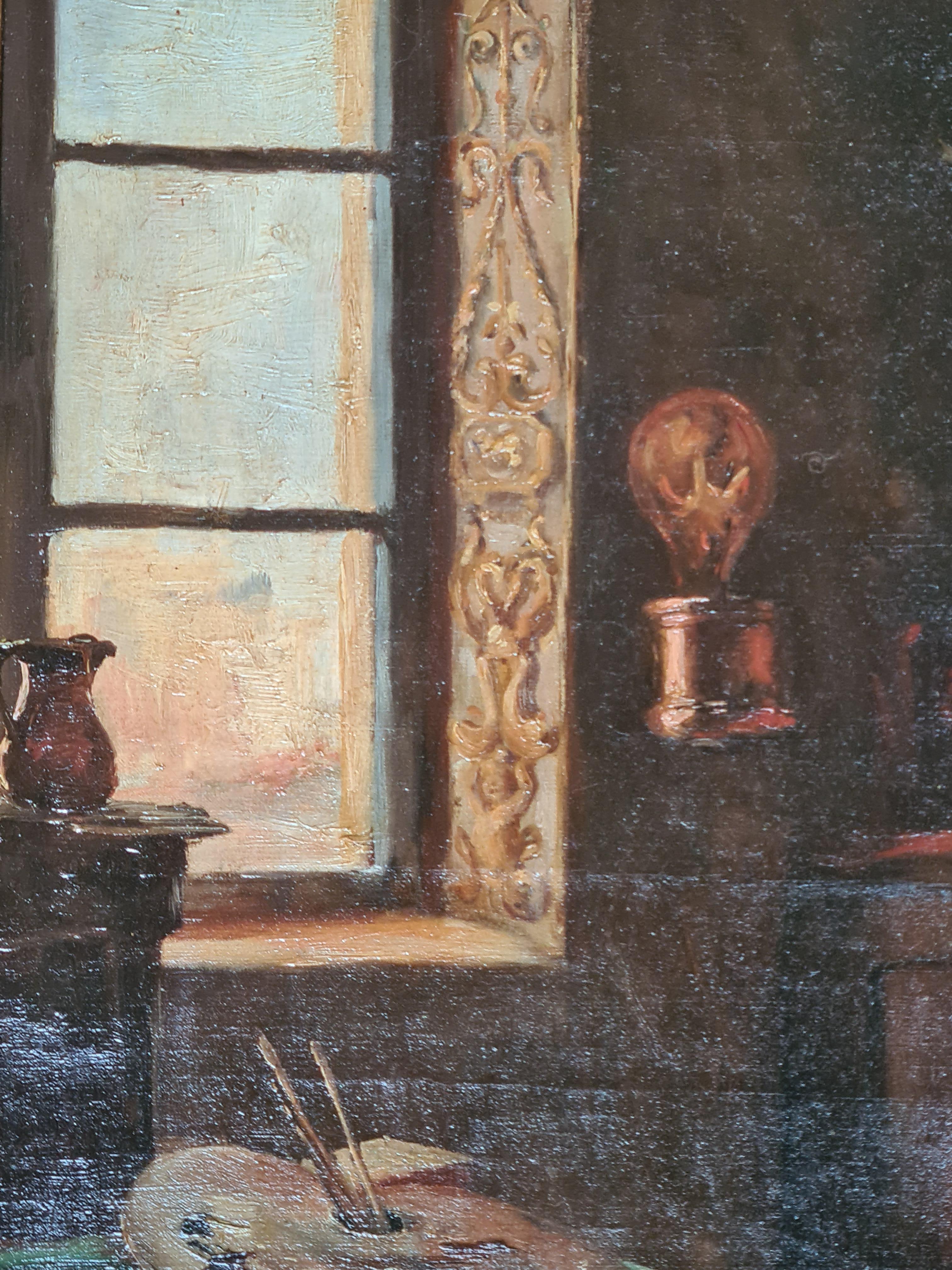 Vista interna, Atelier dell'artista, Fine del XIX secolo, Olio su tela - Still-Life Painting Marrone di Paul Joseph Blanc