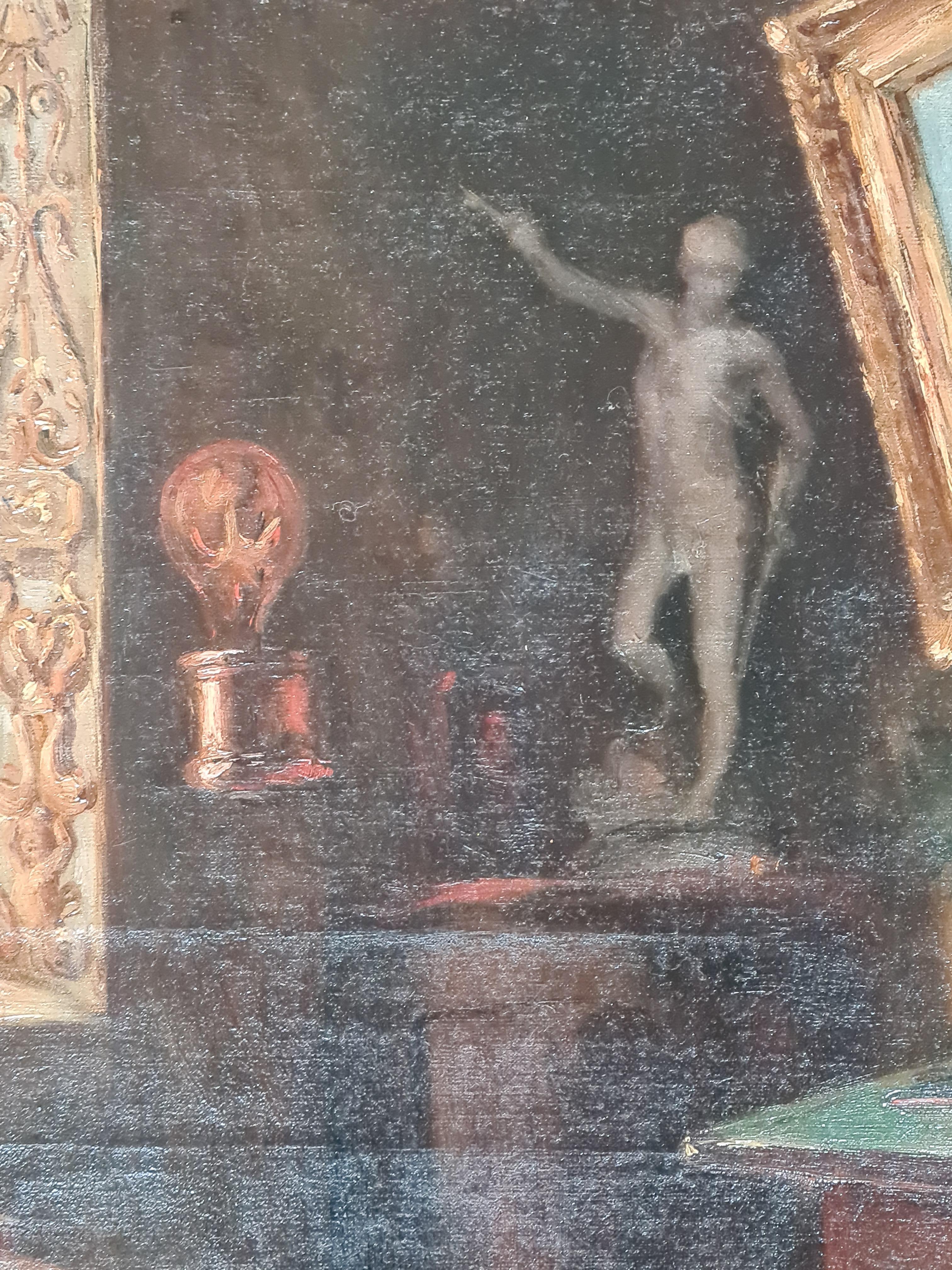 Scena di interni, olio su tela della fine del XIX secolo attribuito a Paul-Jospeh Blanc. Il dipinto è indistintamente firmato e datato in basso a destra. La tela è su un buon telaio con chiavi e c'è un timbro di fornitura per artisti forse per