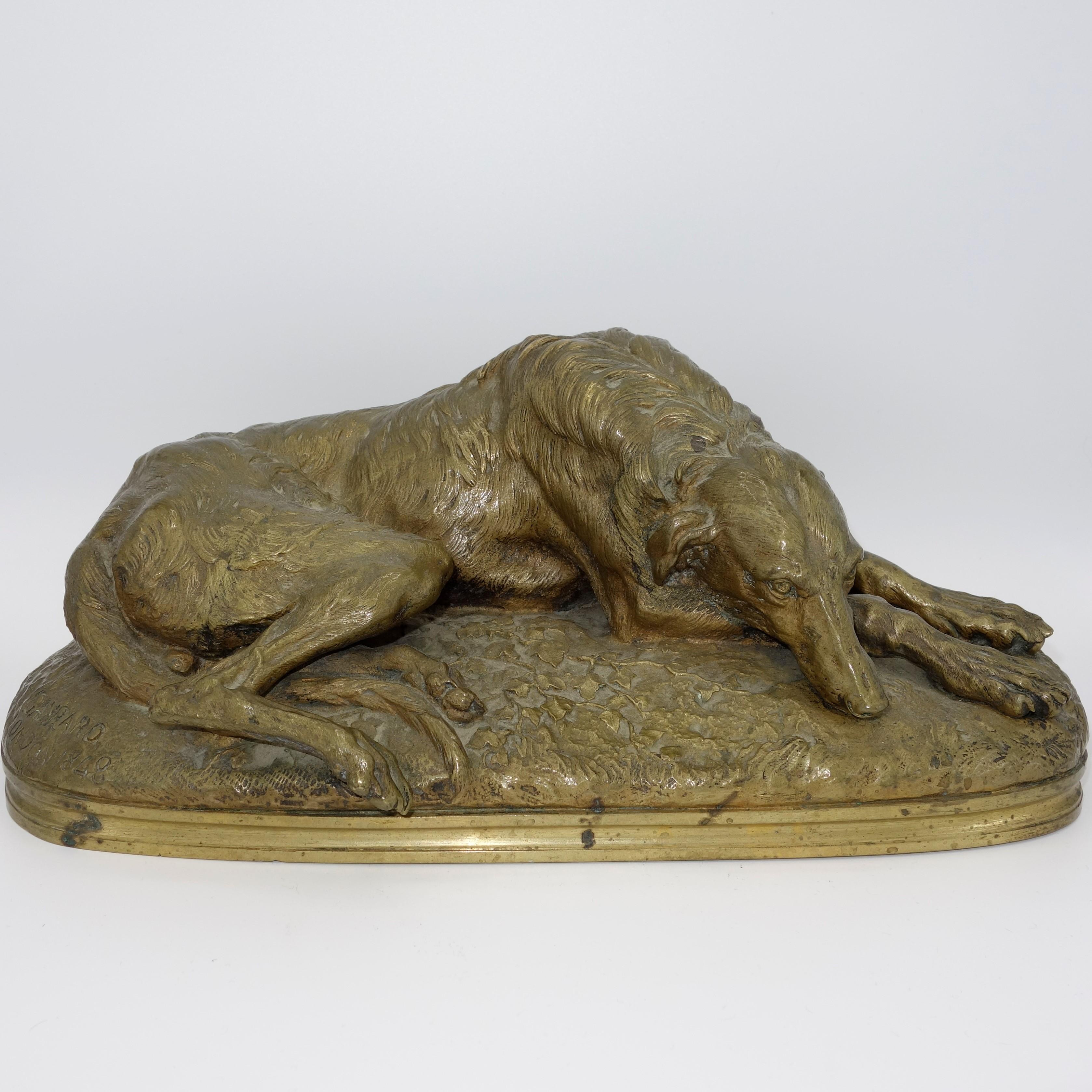 Figurative Sculpture Paul Joseph Raymond Gayrard - Bronze animalier français représentant un lévrier en train de se reposer signé Gayrard 1848