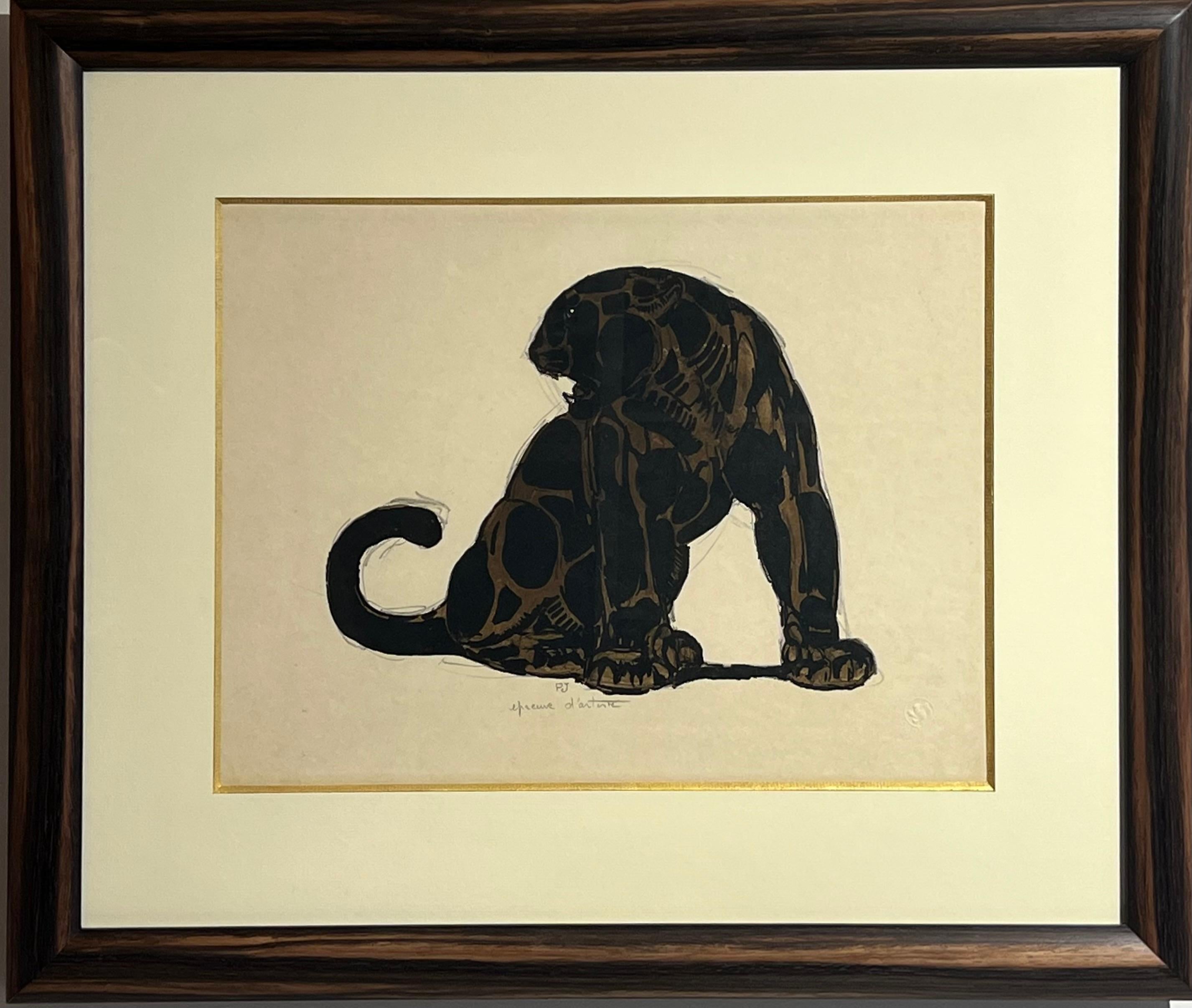Art Deco original lithograph of a seated jaguar by Paul Jouve - Print by Pierre-Paul Jouve