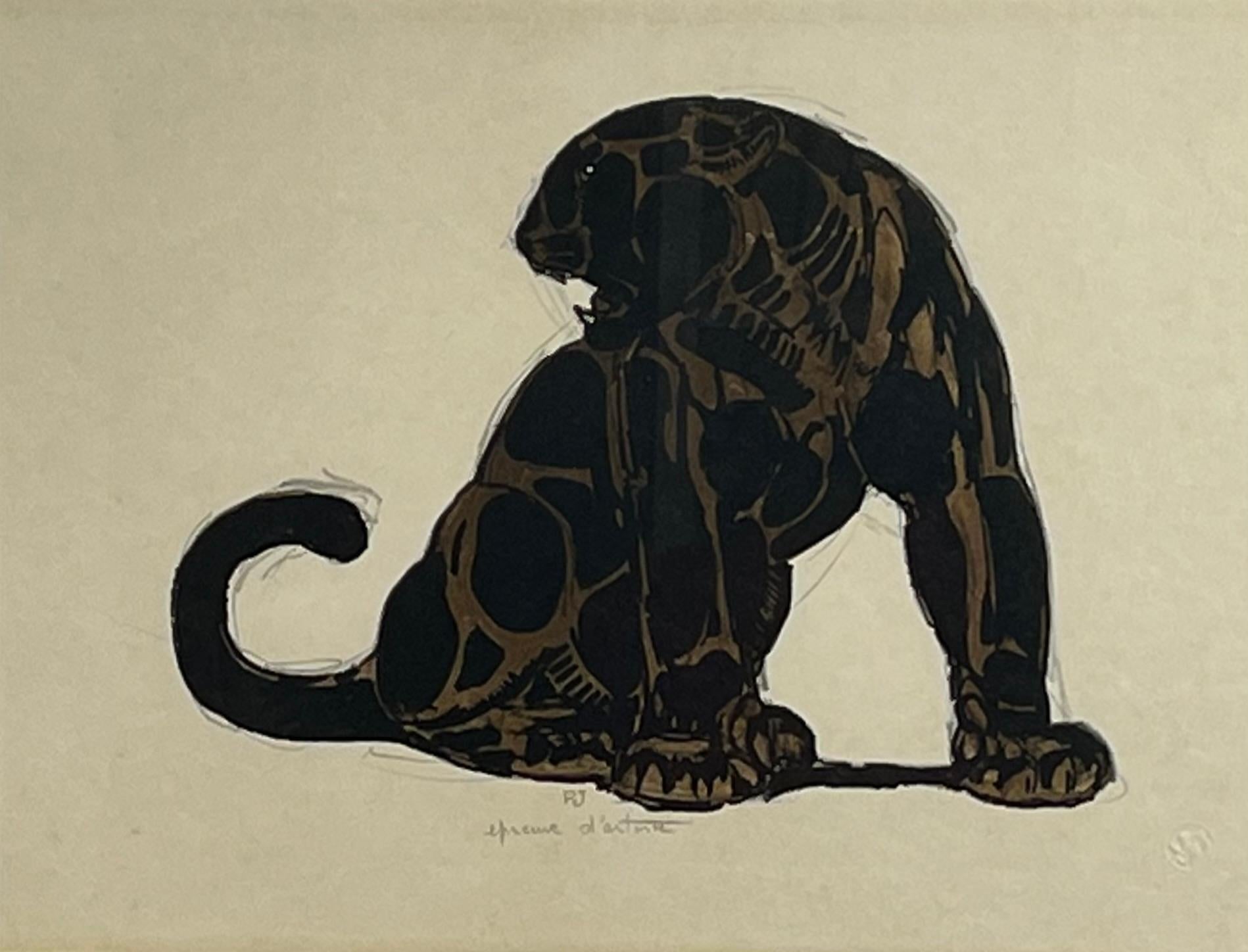 Art Deco original lithograph of a seated jaguar by Paul Jouve