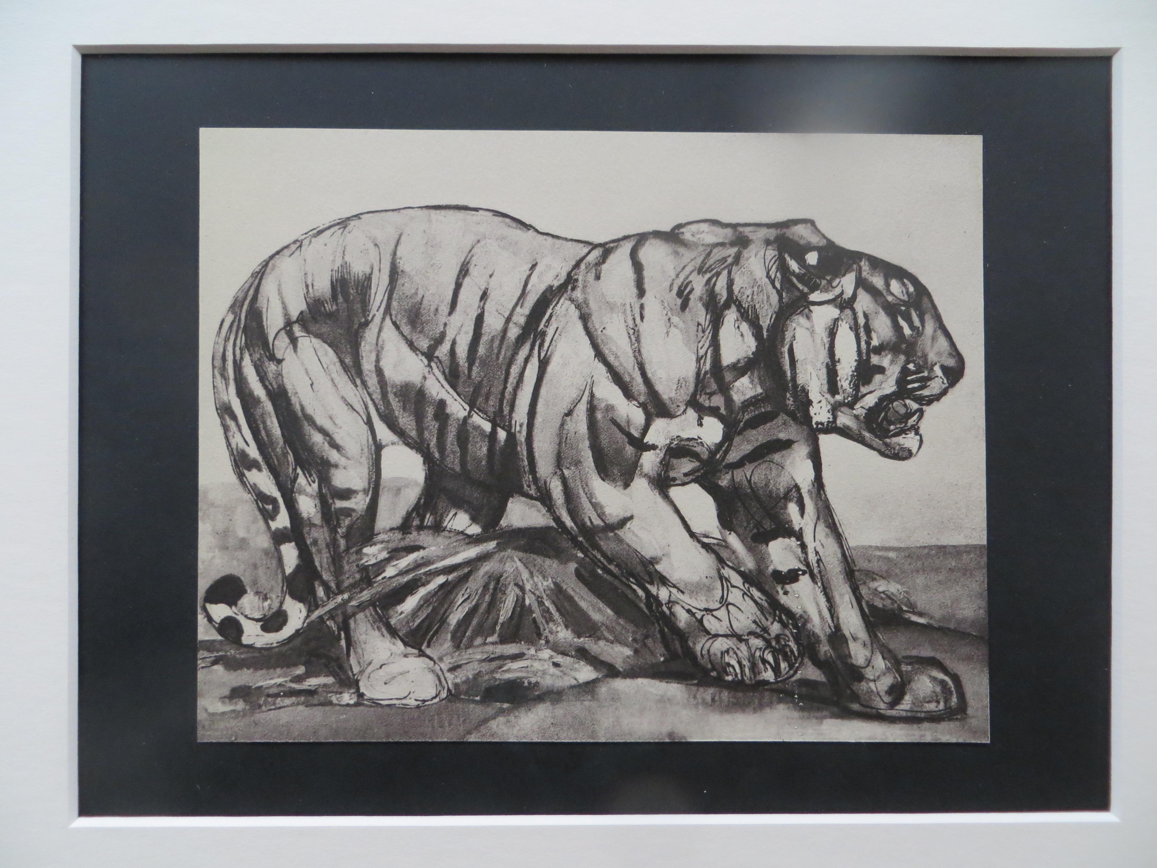 Tiger Walking, Original Lithograph Illustration by Paul Jouve, 1948 - Art Deco Print by Pierre-Paul Jouve