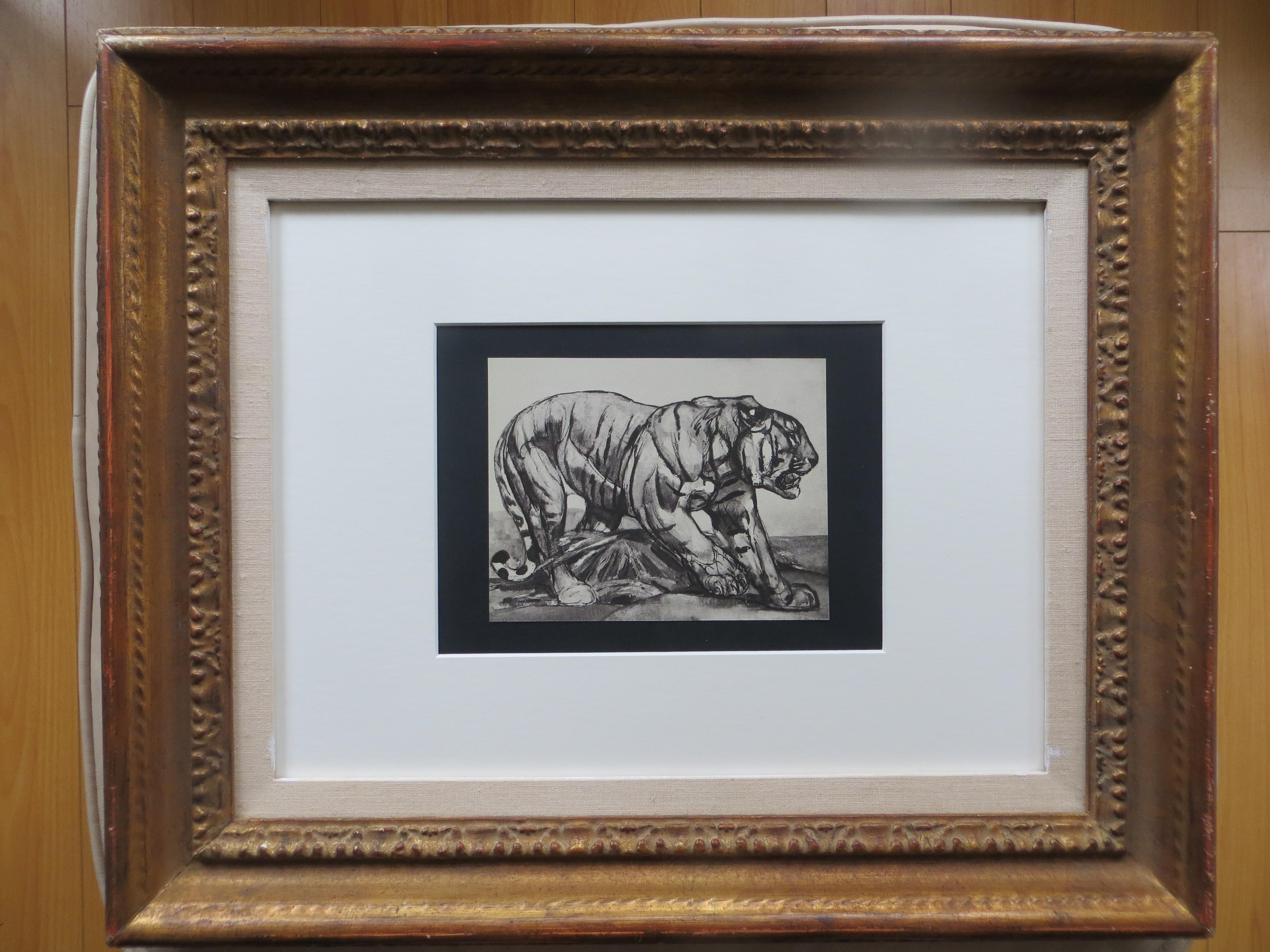 Pierre-Paul Jouve Figurative Print - Tiger Walking, Original Lithograph Illustration by Paul Jouve, 1948