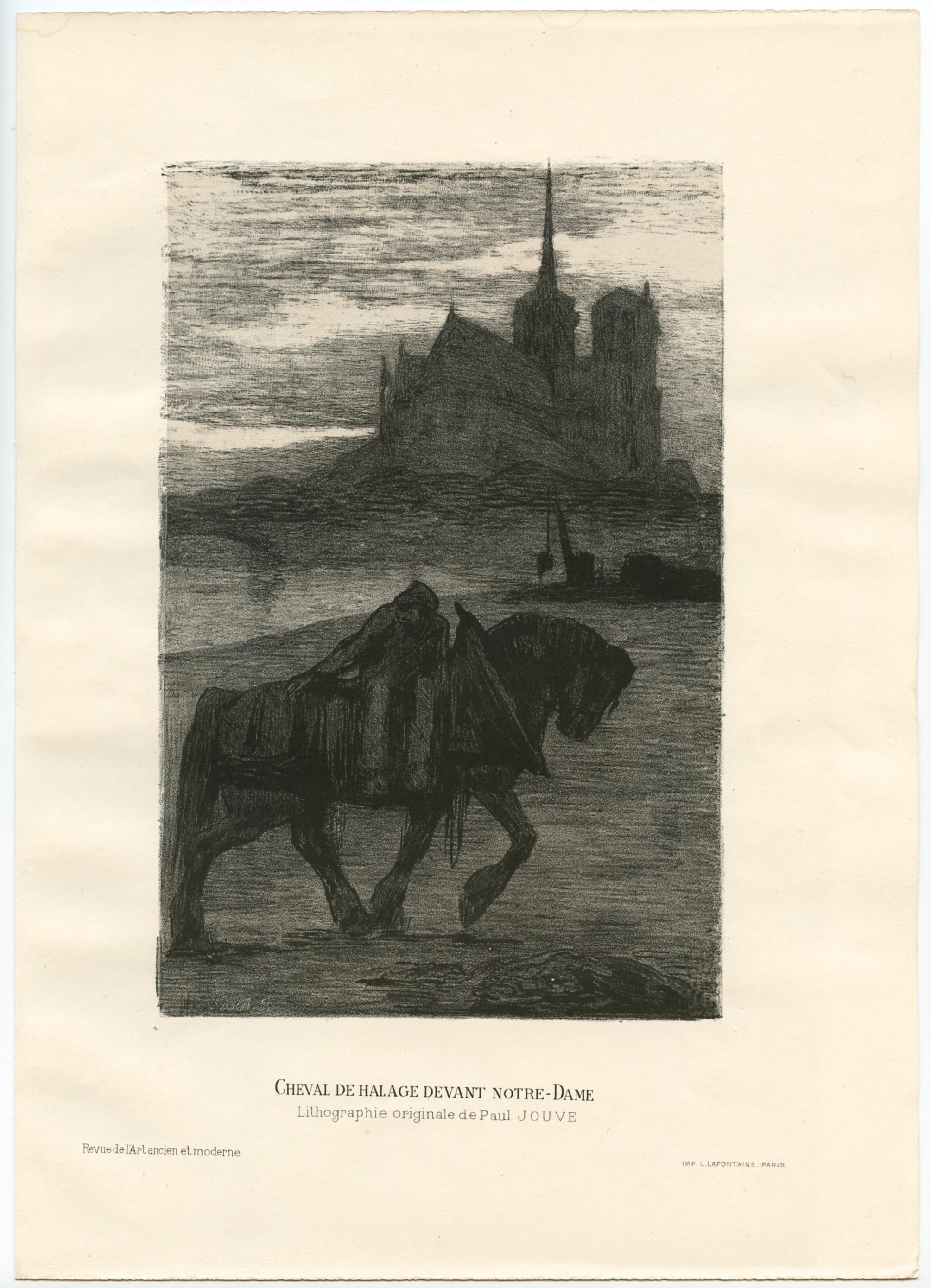 Original-Lithographie „Cheval de halage devant Notre-Dame“ – Print von Pierre-Paul Jouve