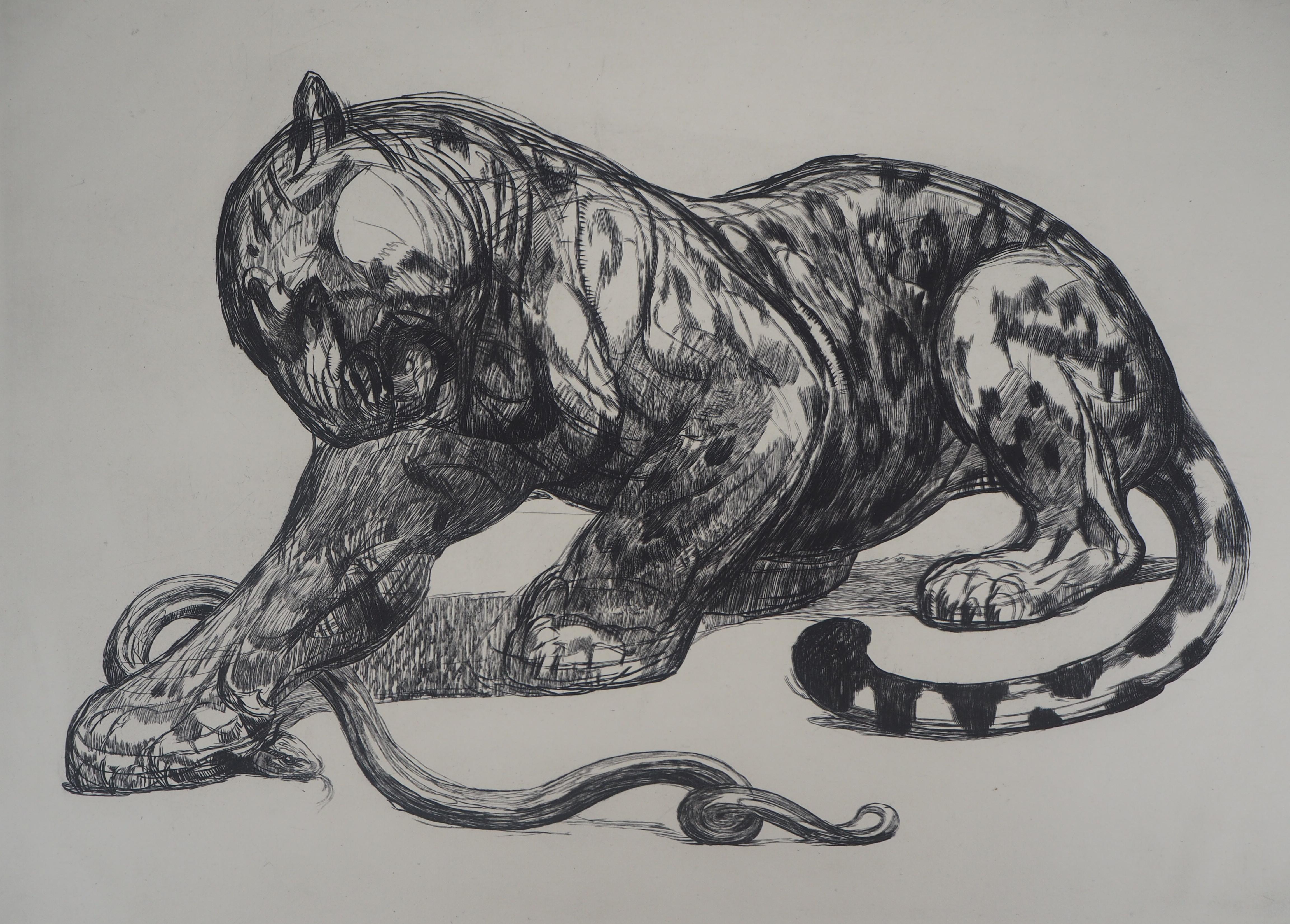 Jaguar attrapant un serpent - Gravure originale - Print de Pierre-Paul Jouve