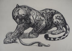 Jaguar Catching a Snake - Original etching