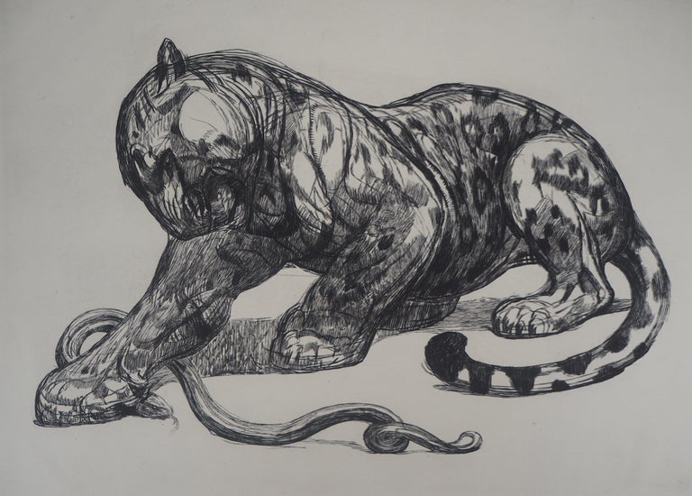 Jaguar Catching a Snake - Original etching - Print by Pierre-Paul Jouve