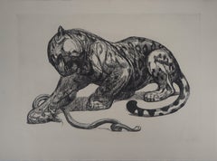 Antique Jaguar Catching a Snake - Original etching