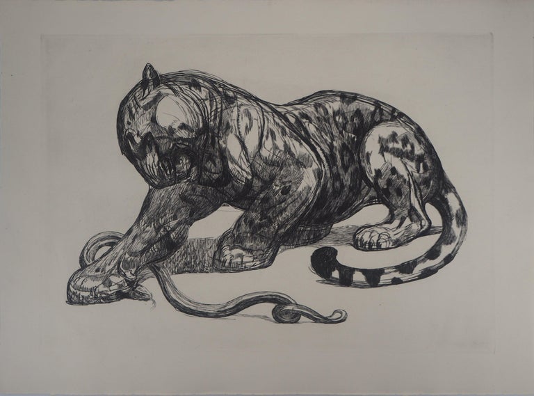 Pierre-Paul Jouve Animal Print - Jaguar Catching a Snake - Original etching