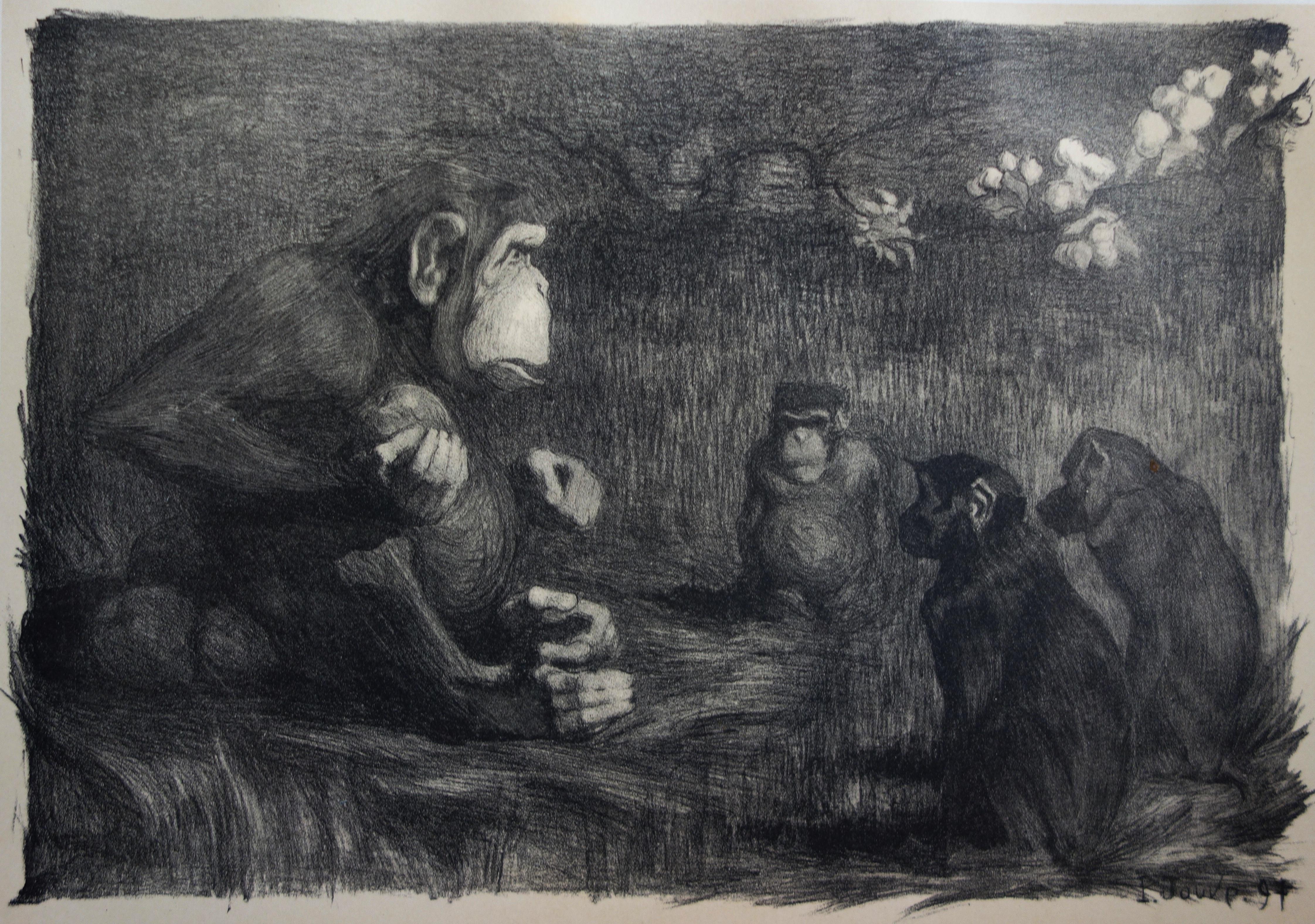 Pierre-Paul Jouve Figurative Print - Monkey Business : The Judgment of Paris - Original lithograph, 1897