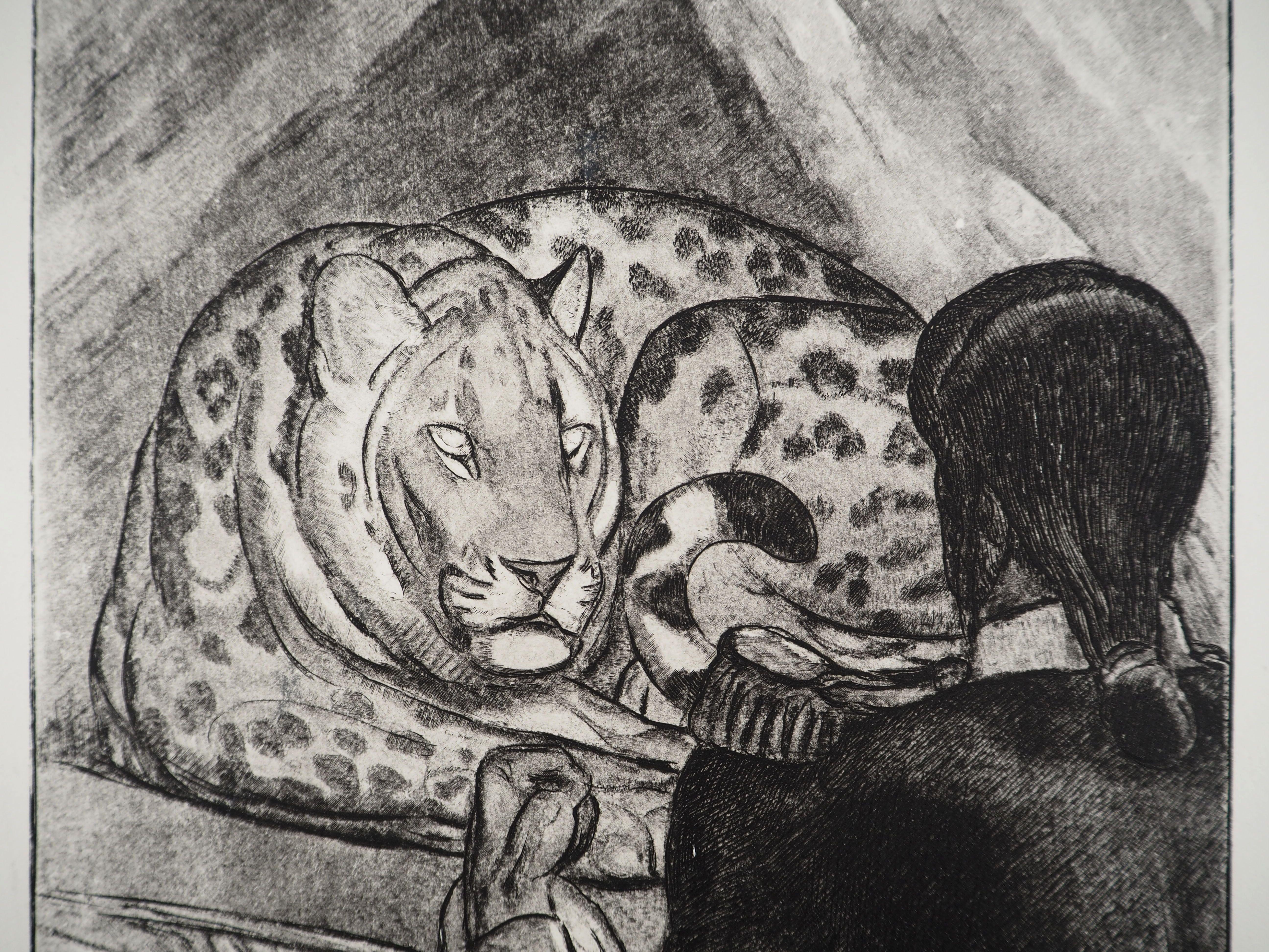 Soldat Seeing the Panther - Original etching - Gray Animal Print by Pierre-Paul Jouve