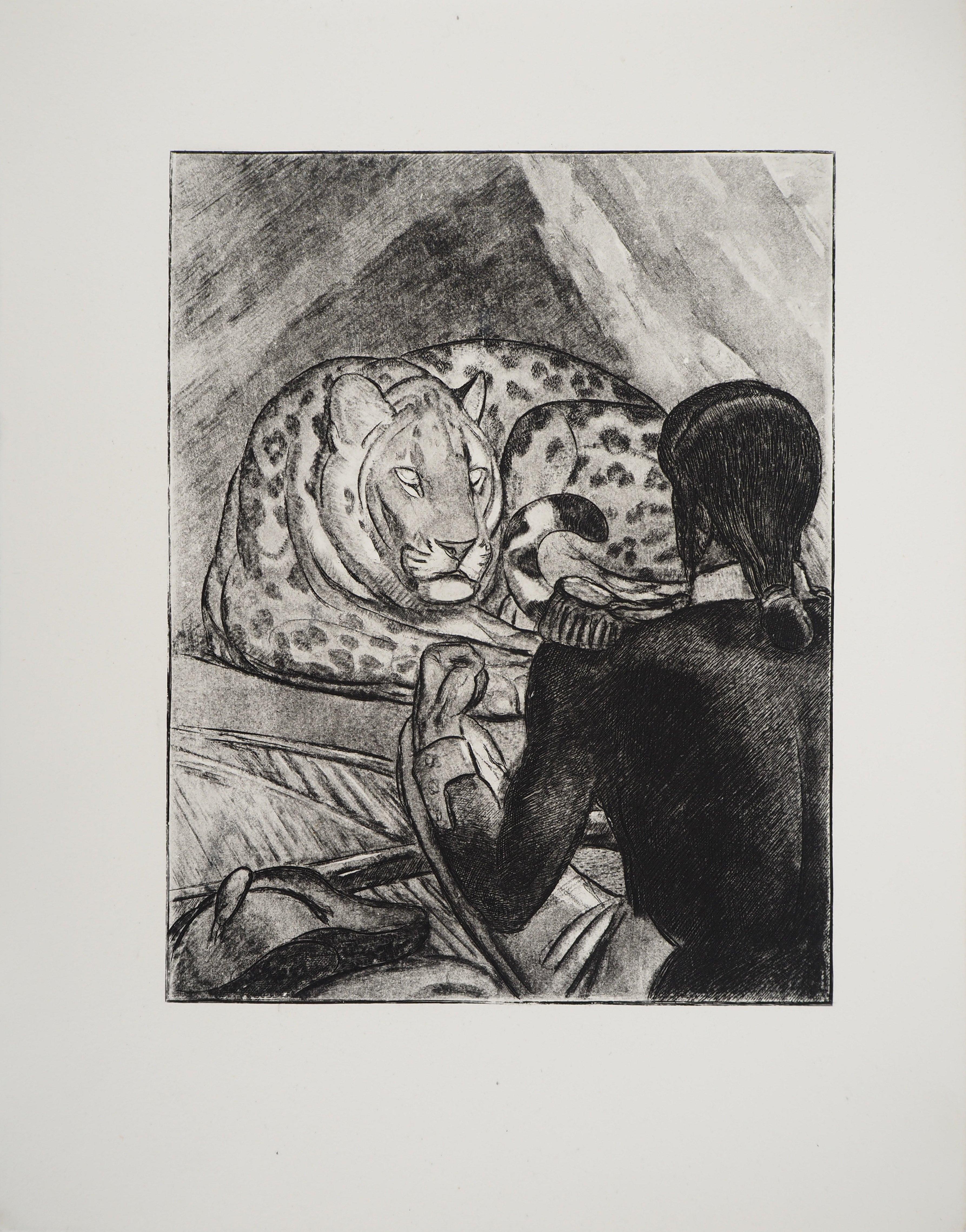 Pierre-Paul Jouve Animal Print - Soldat Seeing the Panther - Original etching