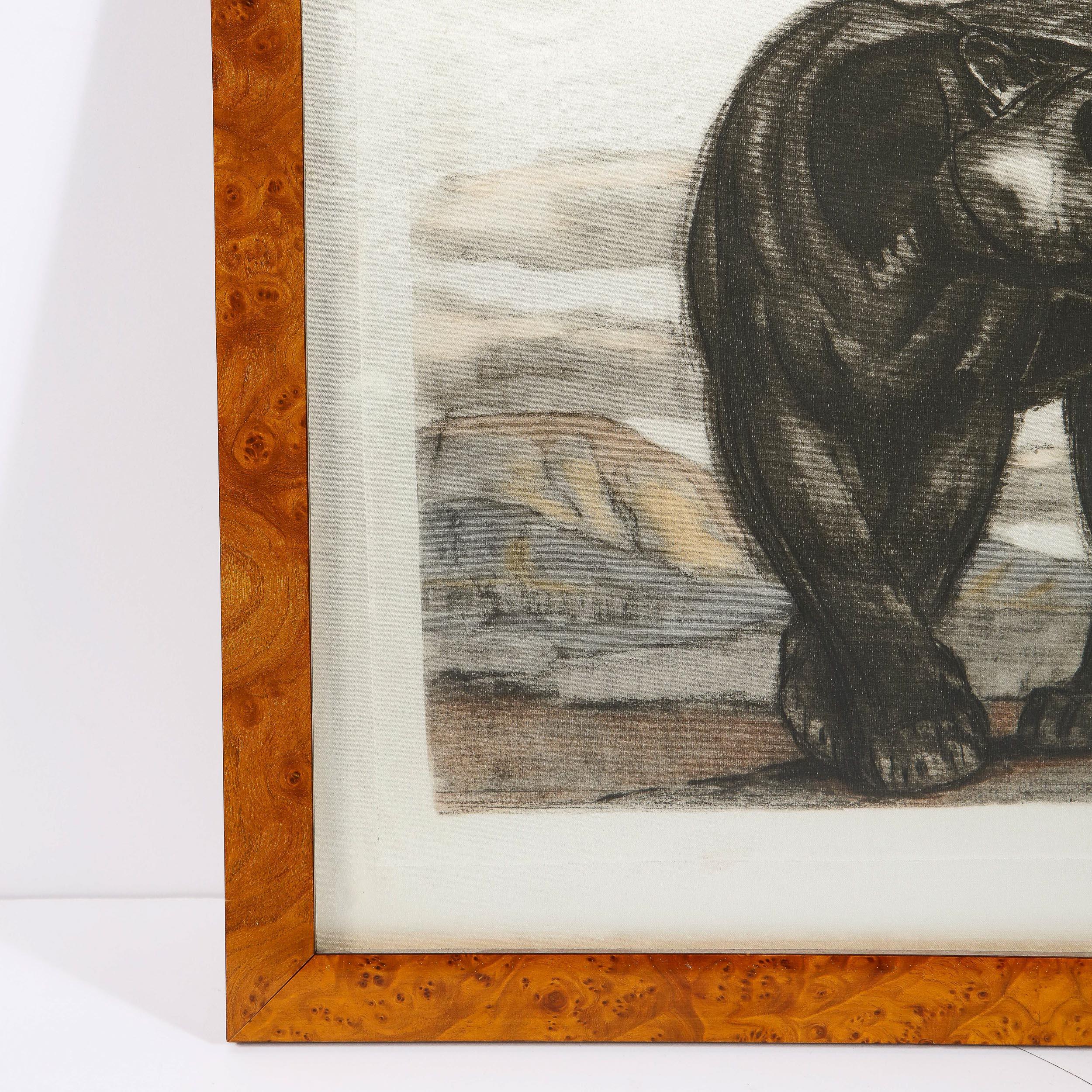 This original etching was executed by the master printmaker Paul Jouve in France, circa 1925. It offers a strolling black panther against a background of rolling hills in grisaille tones. With its beautiful detailing and iconically Art Deco