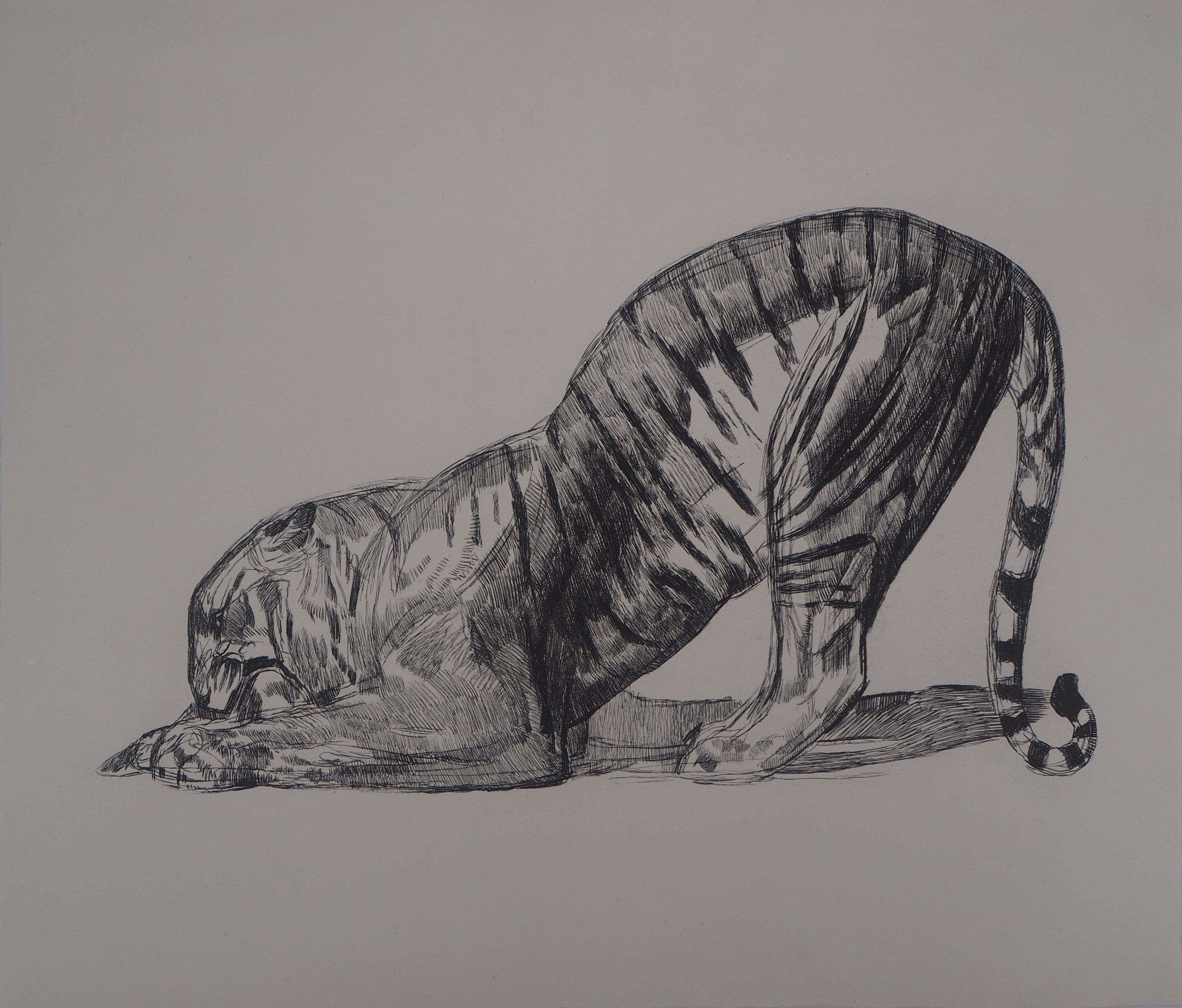 Pierre-Paul Jouve Animal Print - Tiger Eating - Original etching (Marcilhac #370)