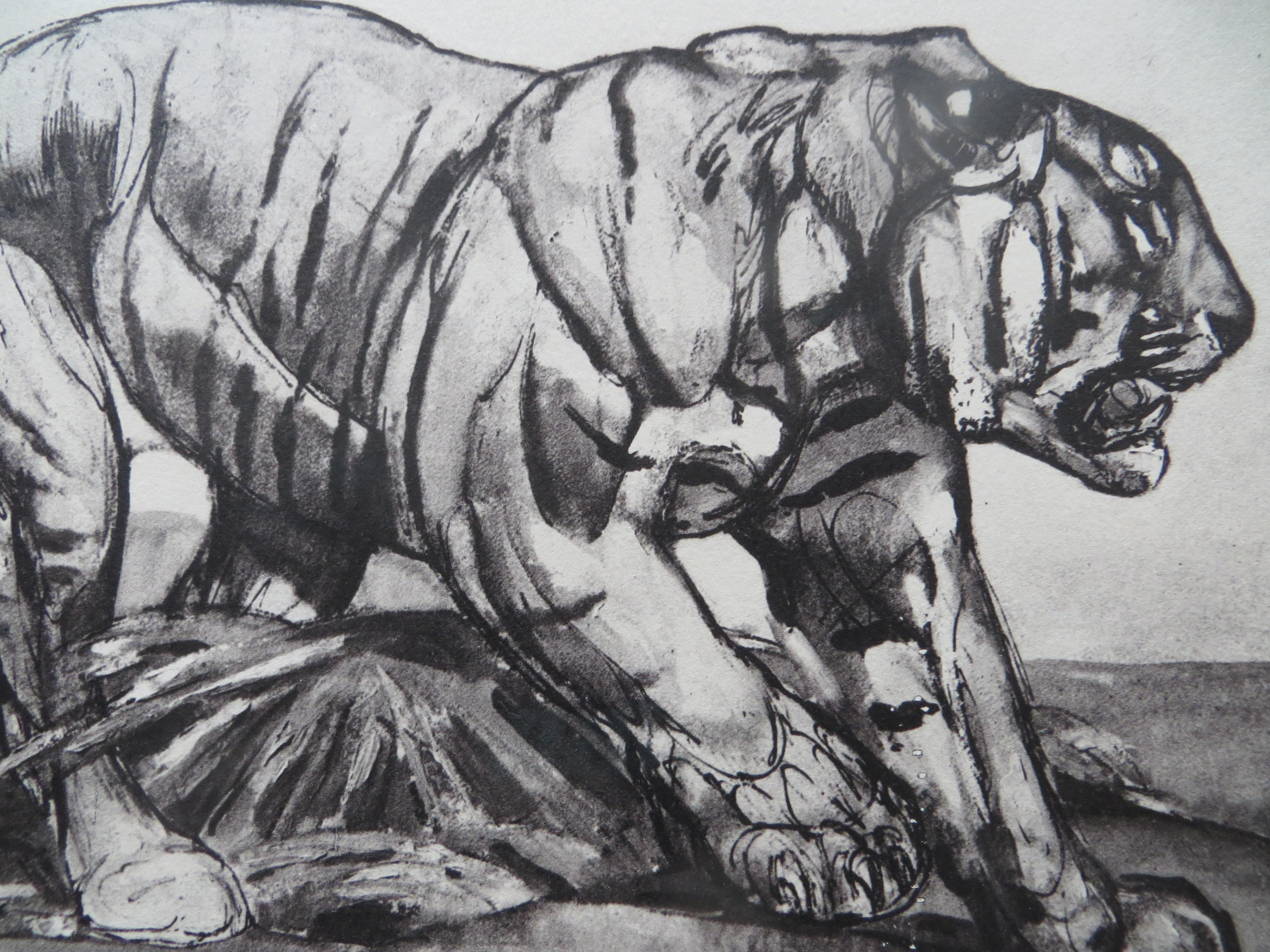 LIthograph by Paul Jouve c.1948 depicting a walking tiger. 
Beautiful custom frame with Museum anti-reflect glass and a black and white mat.
Excellent condition, has a signature and 1948 on the back
Paul Jouve was born March 16th, 1878 in