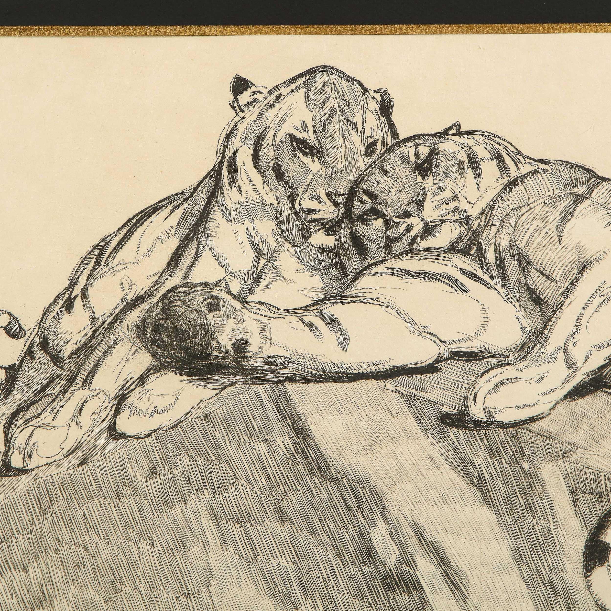 This original etching was executed by the master printmaker Paul Jouve in France, circa 1930. Entitled Tigers au repose