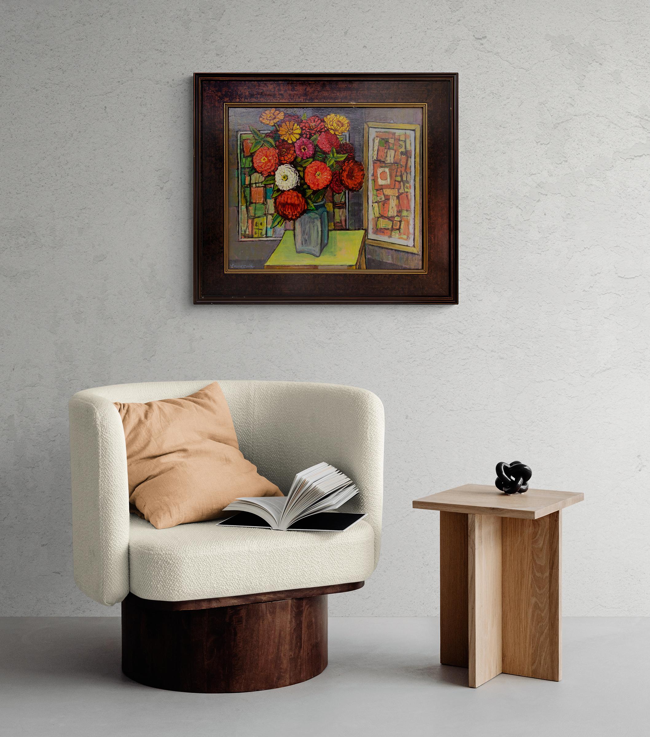 American Modernist Abstract Still Life Painting with Zinnia Flowers, Red Orange For Sale 5