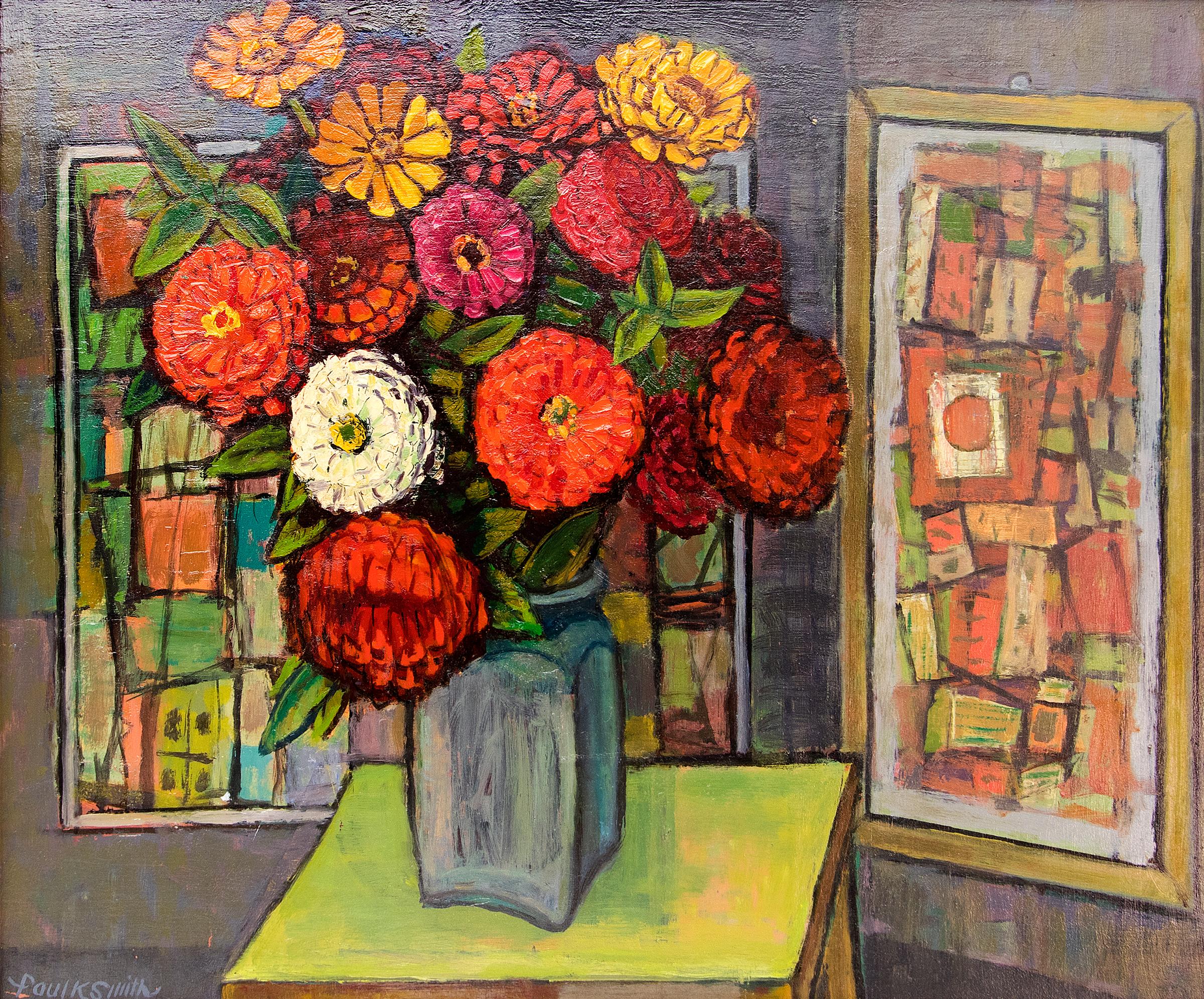 Abstraktes Stillleben der amerikanischen Moderne mit Zinnia-Blumen, Rot-Orange – Painting von Paul K Smith