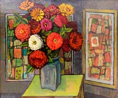 Paul Kauvar Smith American Modernist Still Life Oil on Board, Zinnia Flowers