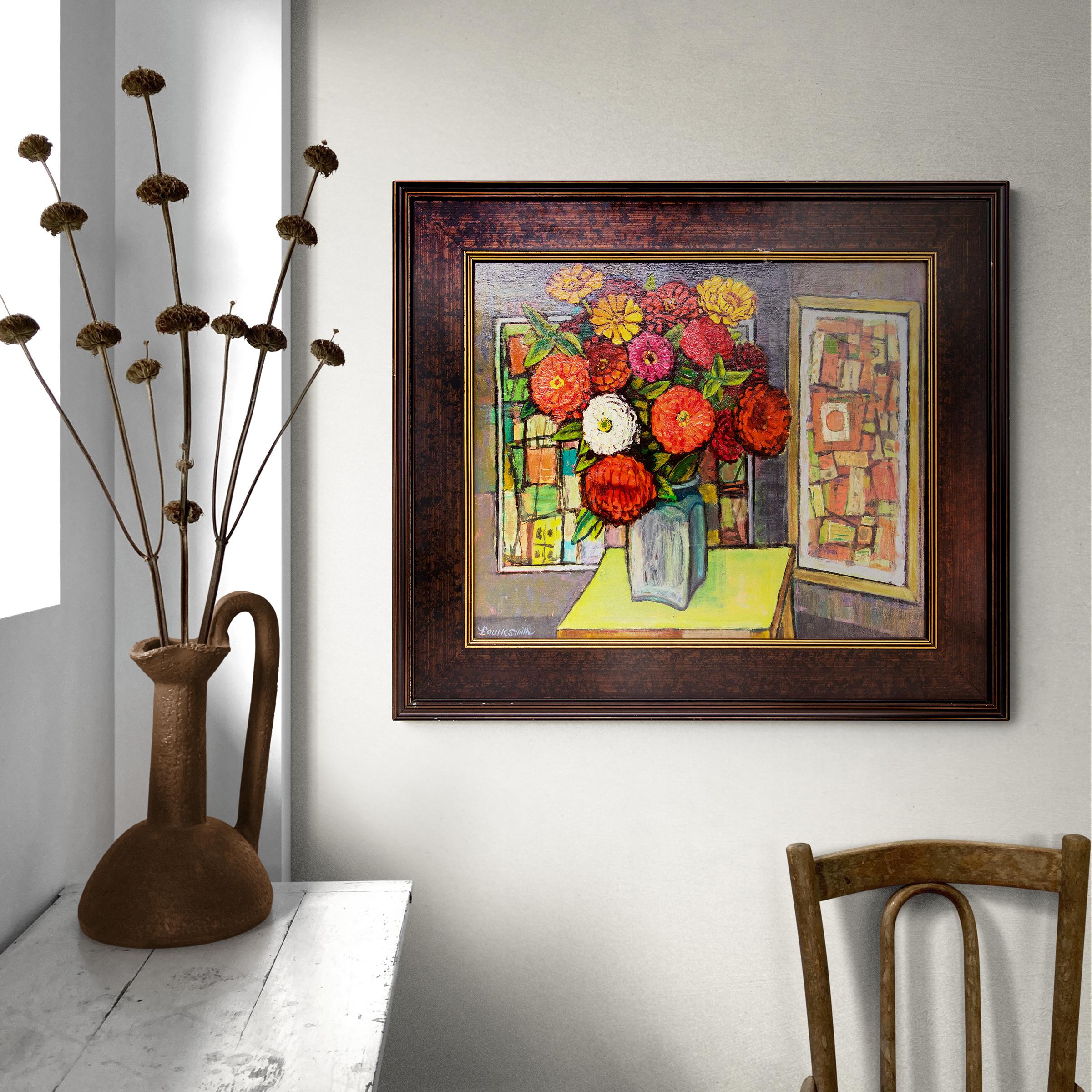 Abstraktes Stillleben der amerikanischen Moderne mit Zinnia-Blumen, Rot-Orange (Schwarz), Abstract Painting, von Paul K Smith
