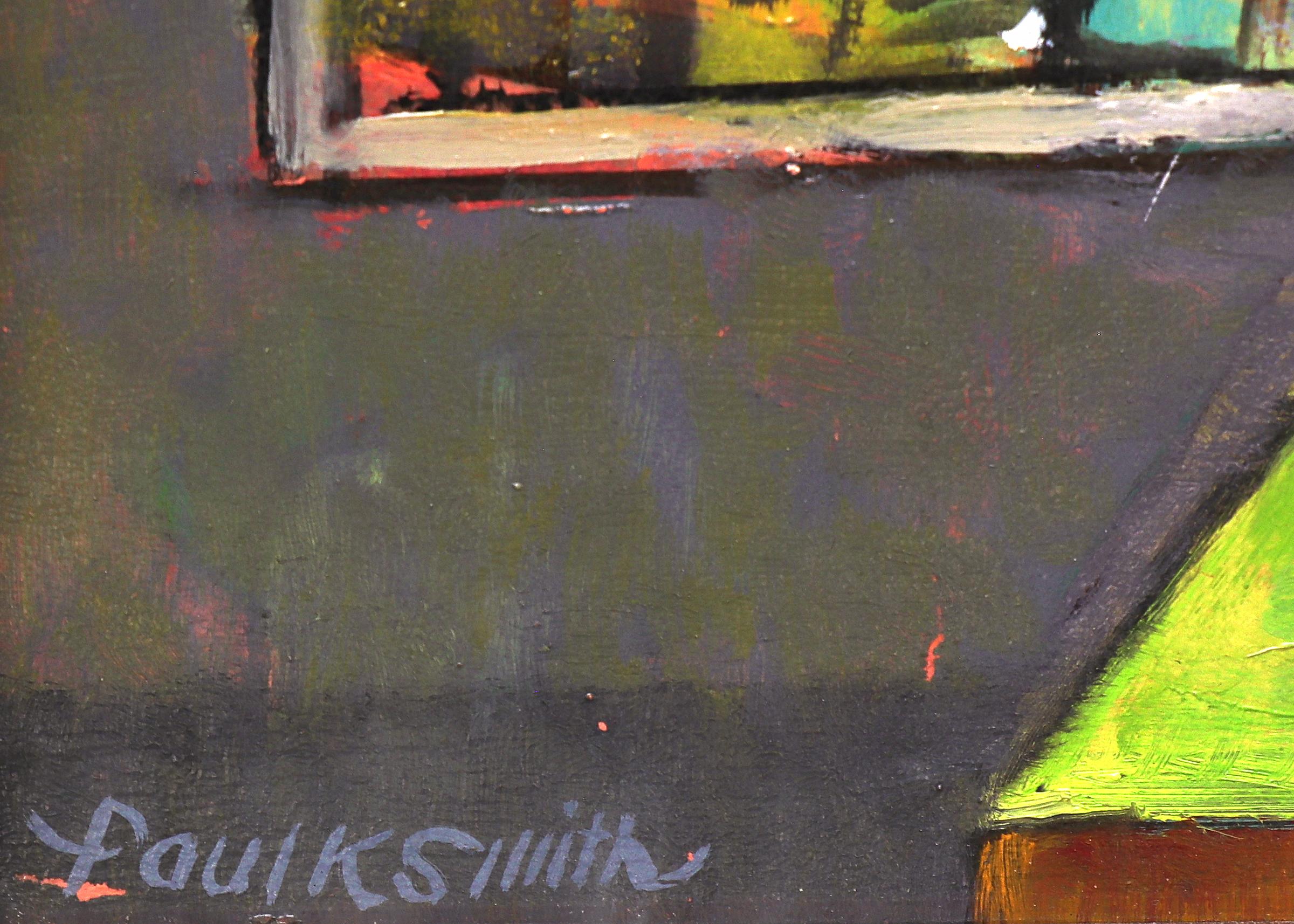 Ölgemälde auf Karton von Paul Kauvar Smith (1893-1977) mit einem Blumenstillleben auf einem Tisch in einer Innenraumszene mit einem Spiegel im Hintergrund. Amerikanisches modernistisches Stillleben mit Zinnien und abstrakten Bildern in einem