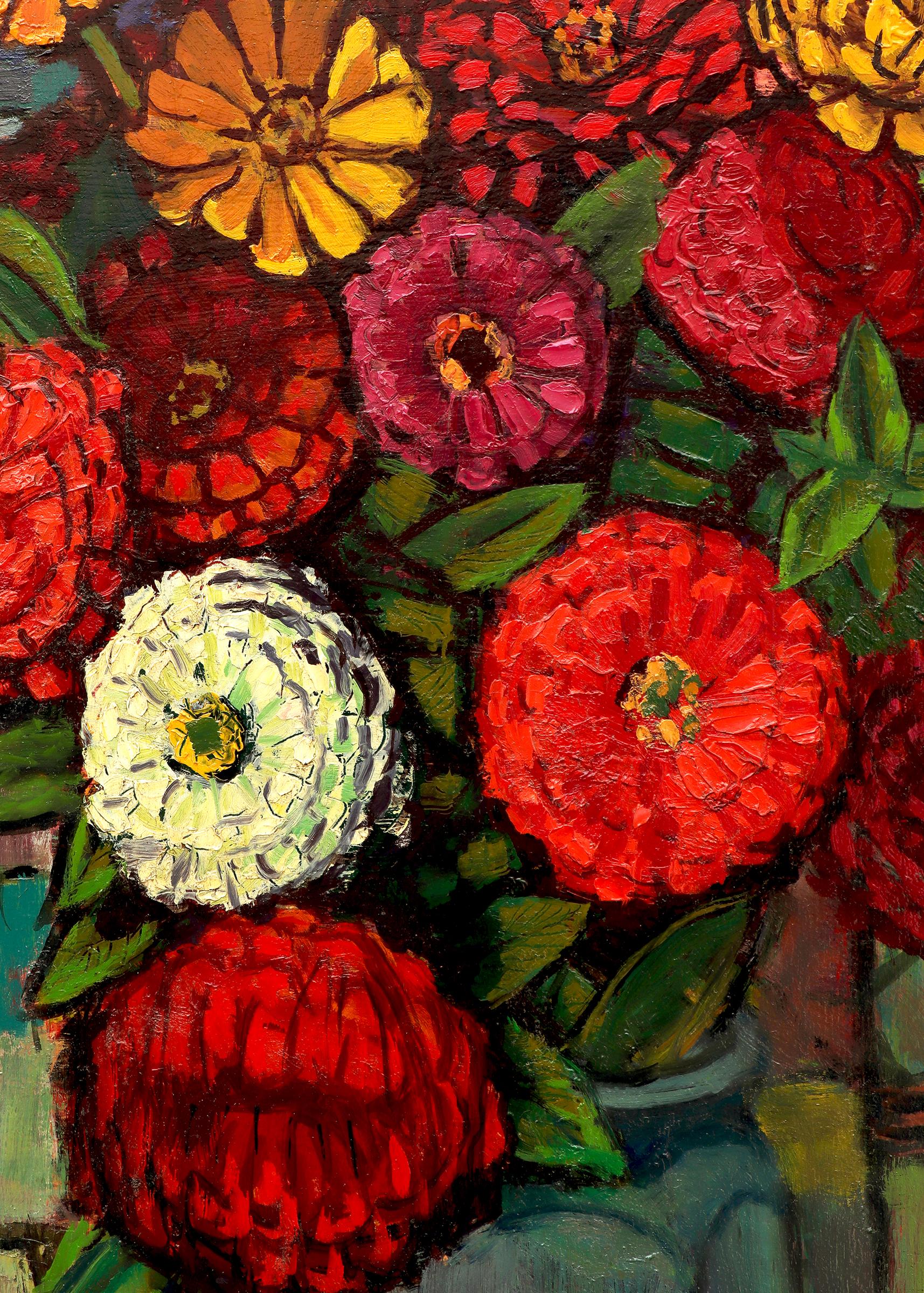 Nature morte abstraite moderniste américaine avec fleurs de zincine, rouge et orange en vente 1