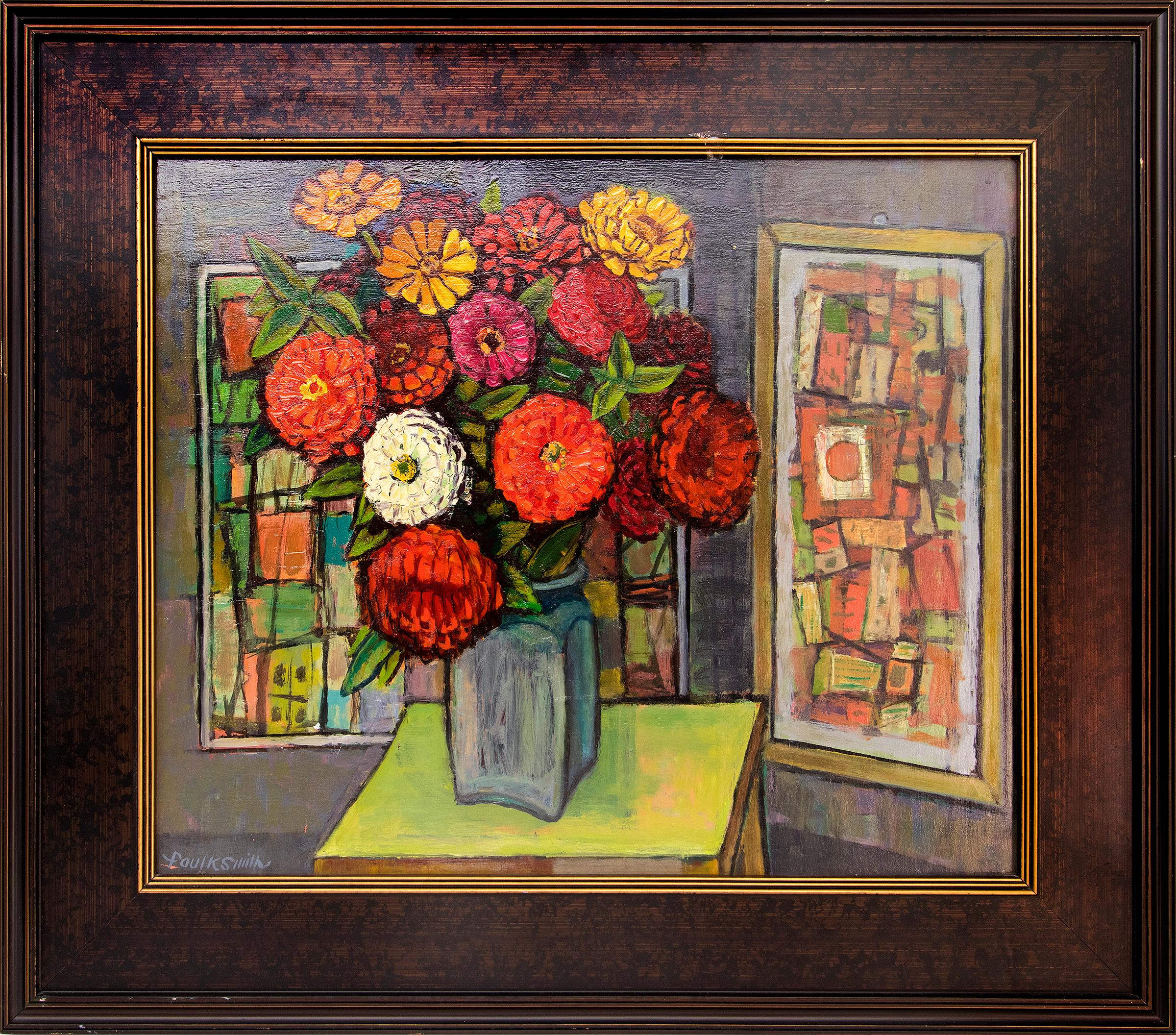 Abstraktes Stillleben der amerikanischen Moderne mit Zinnia-Blumen, Rot-Orange