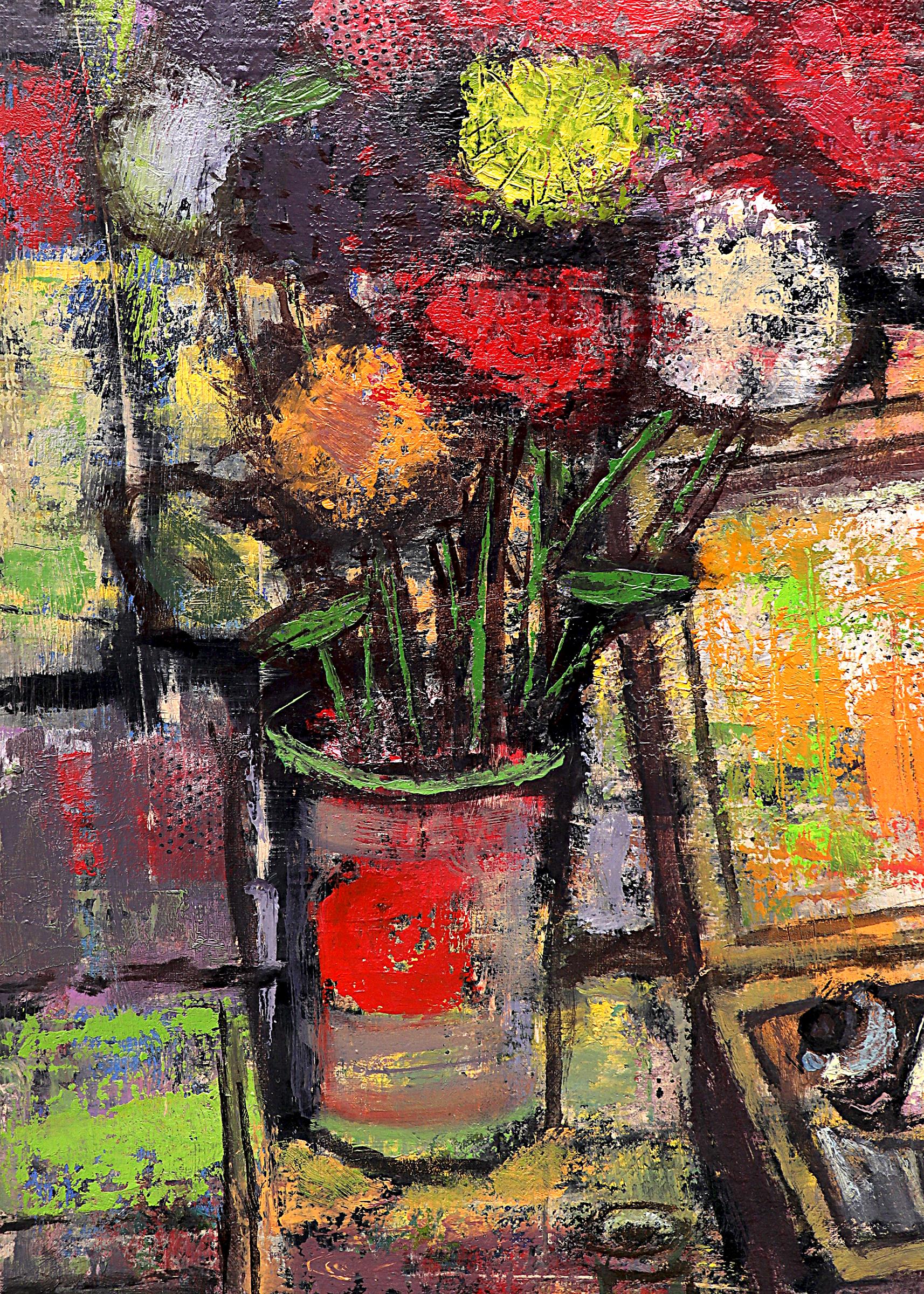 Oil on canvas painting by mid 20th century Denver artist Paul K. Smith. Semi abstract interior scene of an artists studio with flowers, paint supplies, and an easel with completed paintings. Presented framed, outer dimensions measure 40 ⅞ x 34 ⅝ x ¾