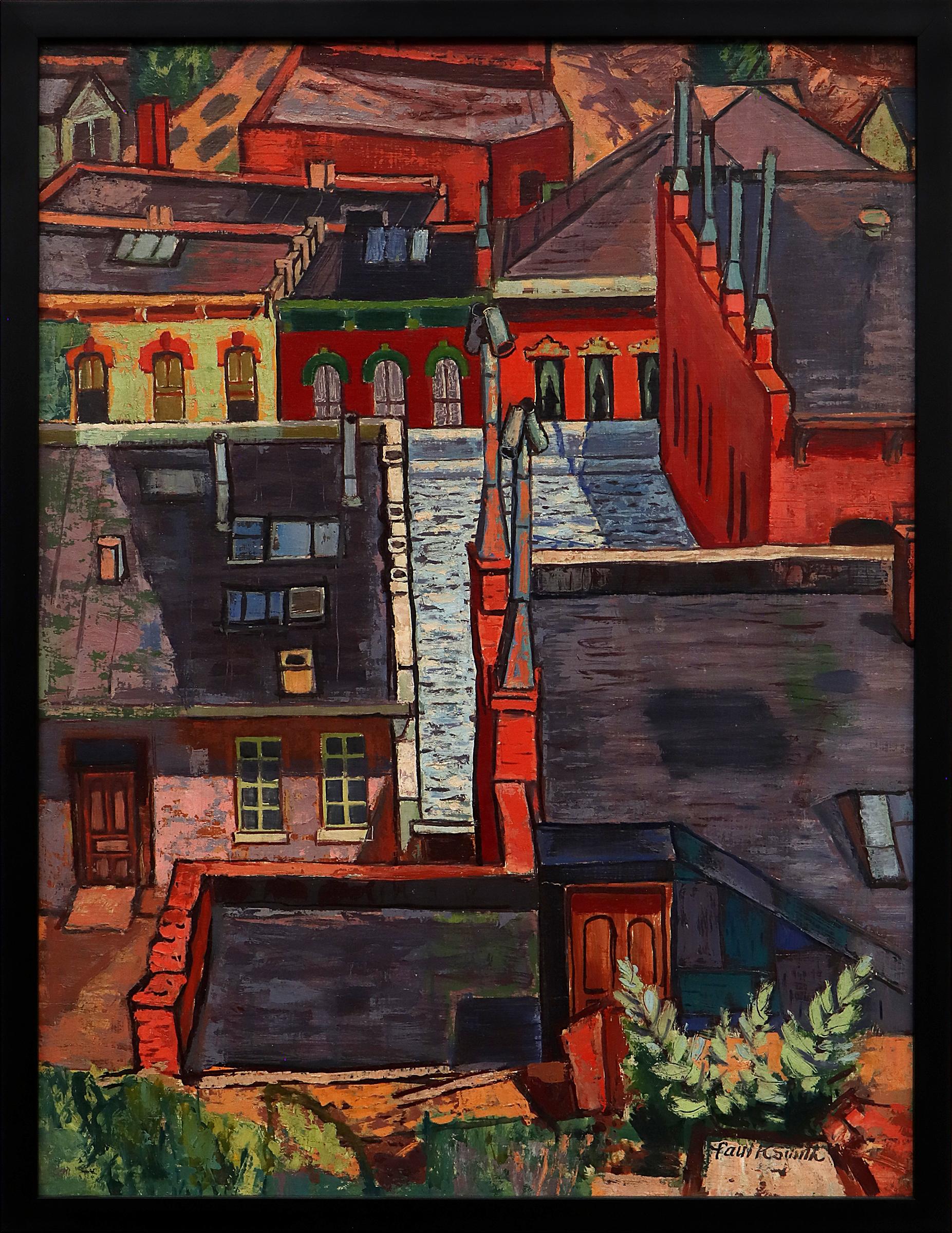 Paul K Smith Abstract Painting – Central City, Colorado, Modernistische Stadtlandschaft der 1950er Jahre, Ölgemälde mit Gebäuden