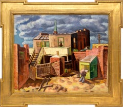 Peinture à l'huile moderniste américaine des années 1930, Mouvement d'hiver, rouge, bleu et brun clair, Nouveau-Mexique
