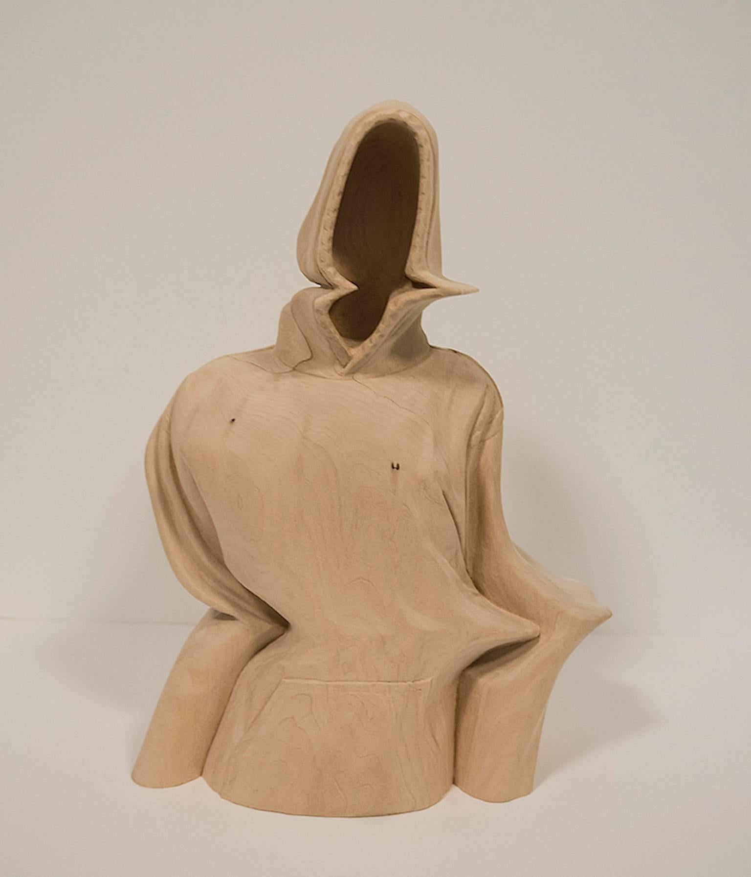 Paul Kaptein Figurative Sculpture - "Mute" hand carved wood sculpture, contemporary, figurative, surrealism