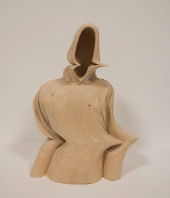 "Mute" hand carved wood sculpture, contemporary, figurative, surrealism