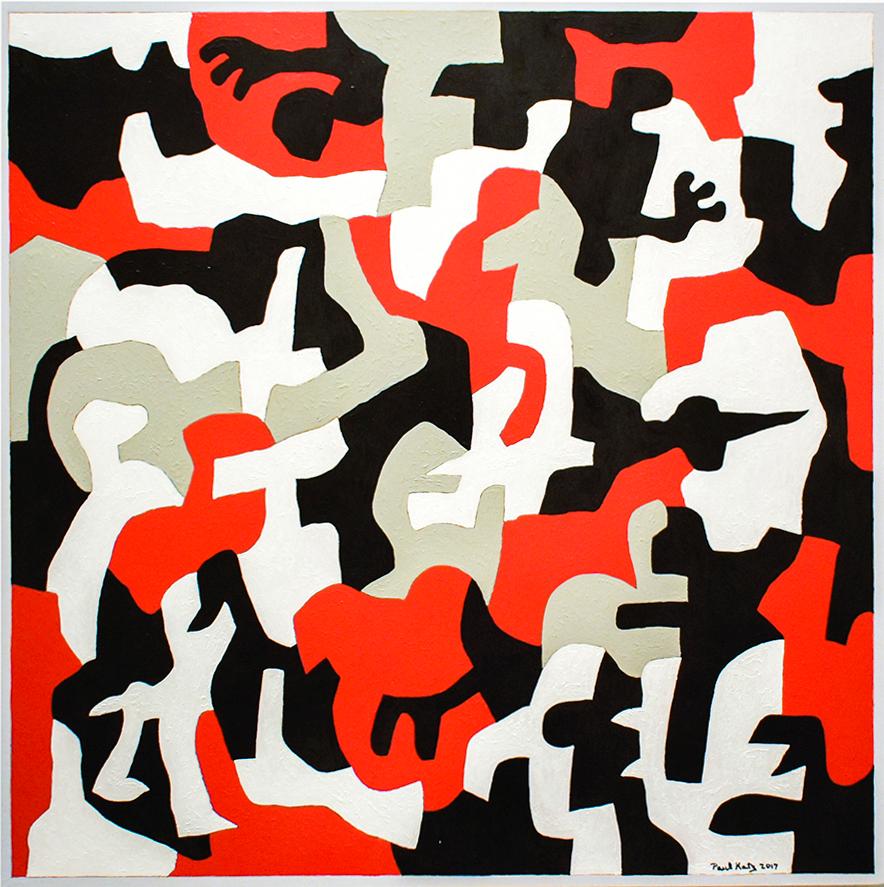 Paul Katz Abstract Painting - Interlock #52 B (Graphic, Abstract Red, Grey, White & Black Painting on Canvas)