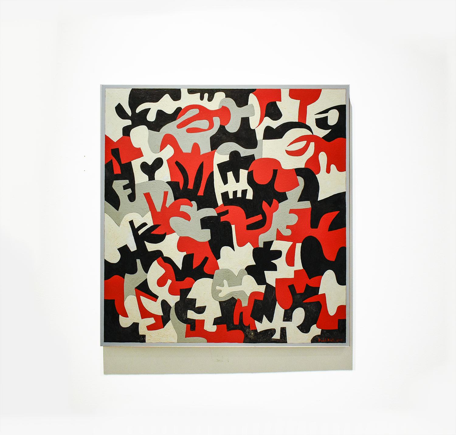 Interlock n°52 (peinture abstraite rouge, grise, blanche et noire sur panneau - Painting de Paul Katz