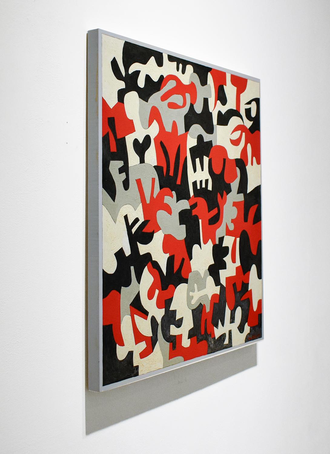 Interlock n°52 (peinture abstraite rouge, grise, blanche et noire sur panneau - Hard-Edge Painting par Paul Katz