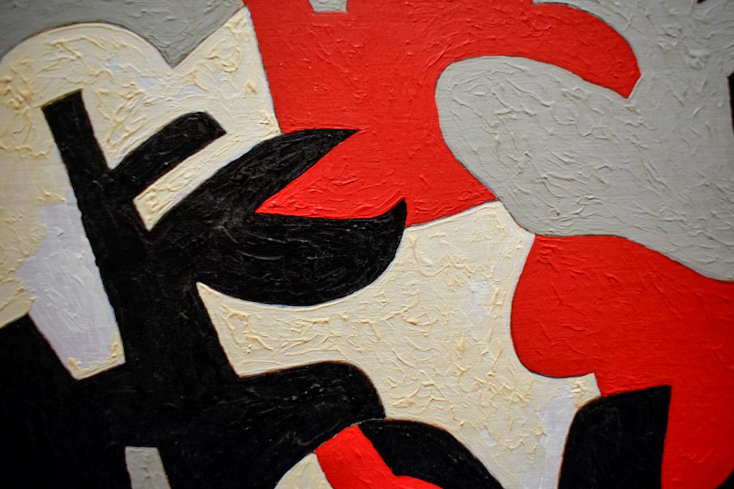 Interlock n°52 (peinture abstraite rouge, grise, blanche et noire sur panneau - Beige Abstract Painting par Paul Katz