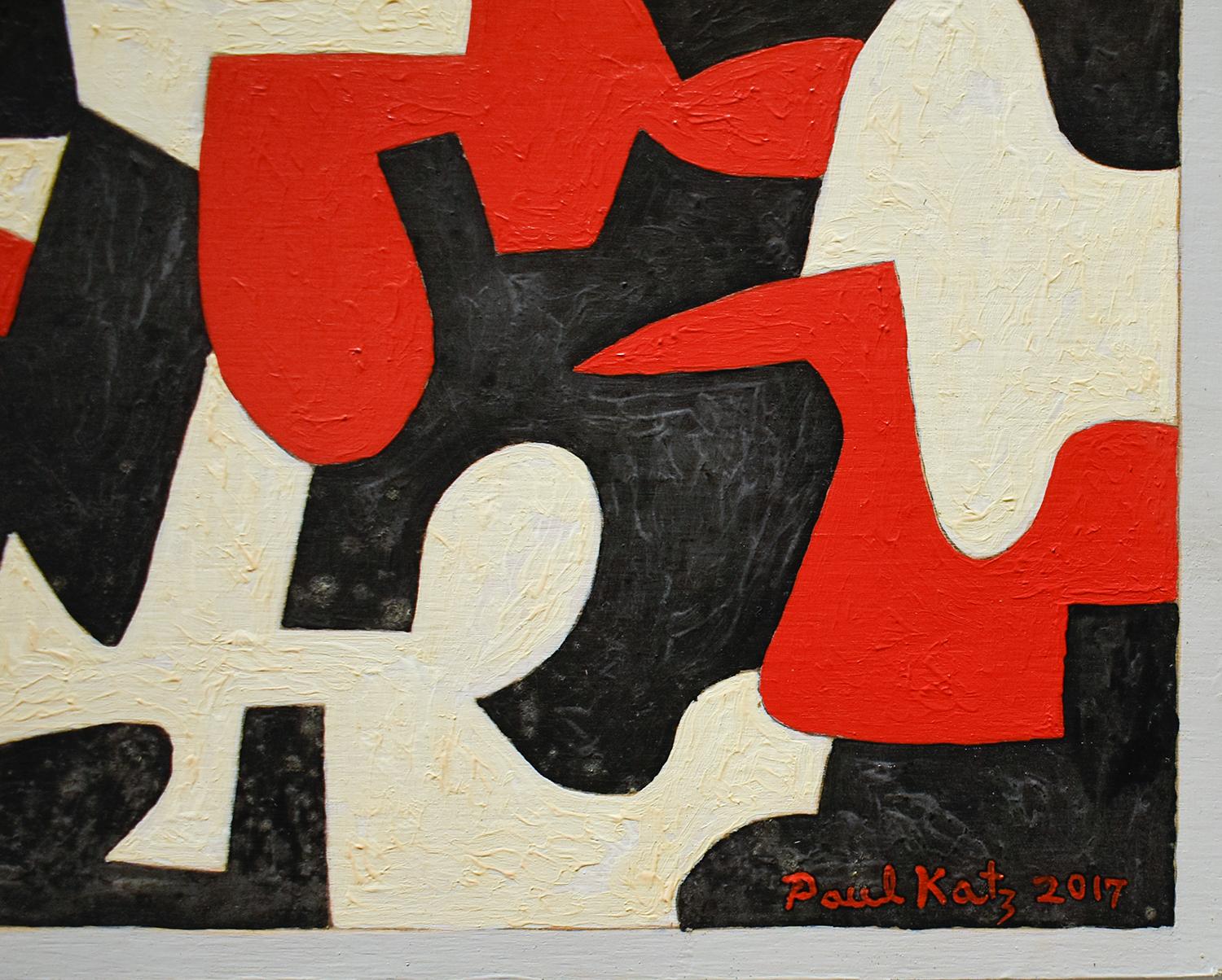 Interlock #52 (Graphic, Abstract Red, Grey, White & Black Painting on Panel) - Beige Abstract Painting by Paul Katz