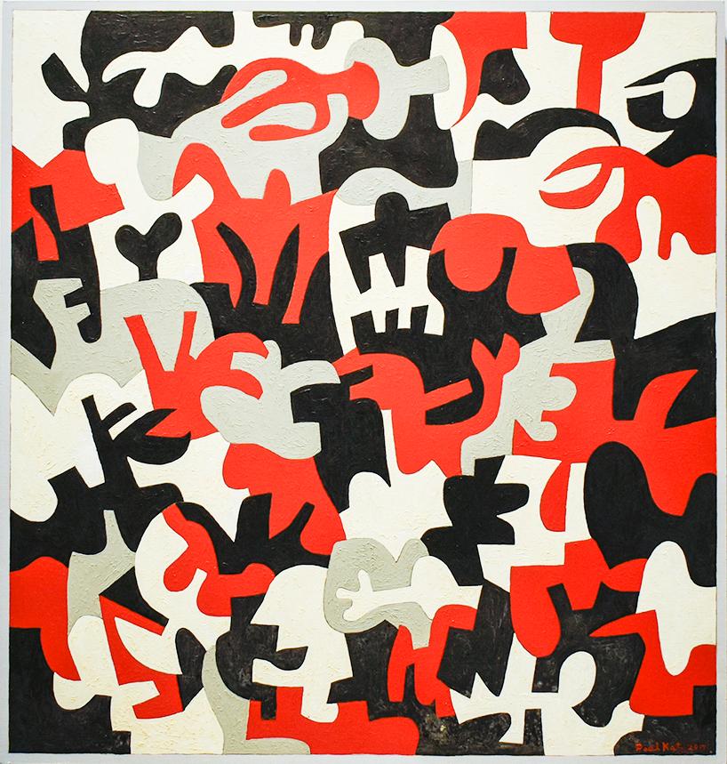 Paul Katz Abstract Painting - Interlock #52 (Graphic, Abstract Red, Grey, White & Black Painting on Panel)