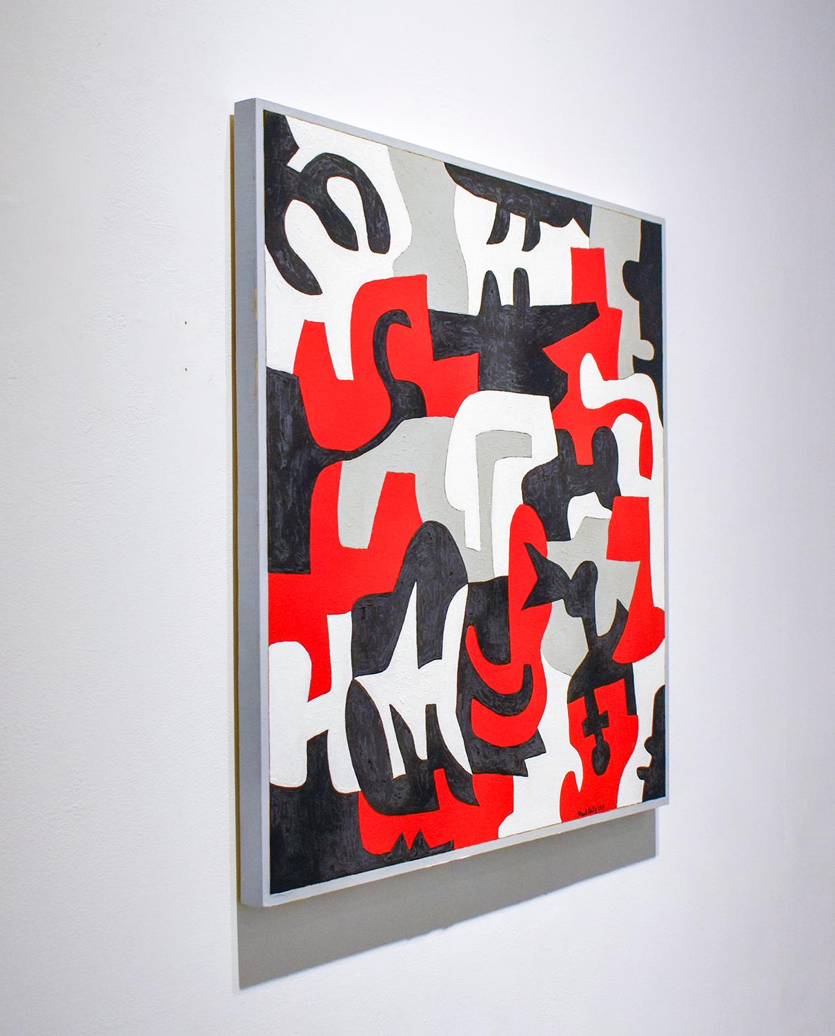 Contemporary, hard edge abstract painting in red, grey, white and black
Interlock #53, 2017
24 x 24 inches
oil on wood panel
Sides are painted so it's ready to hang as is

This contemporary, abstract oil painting in graphic black, white, grey & red