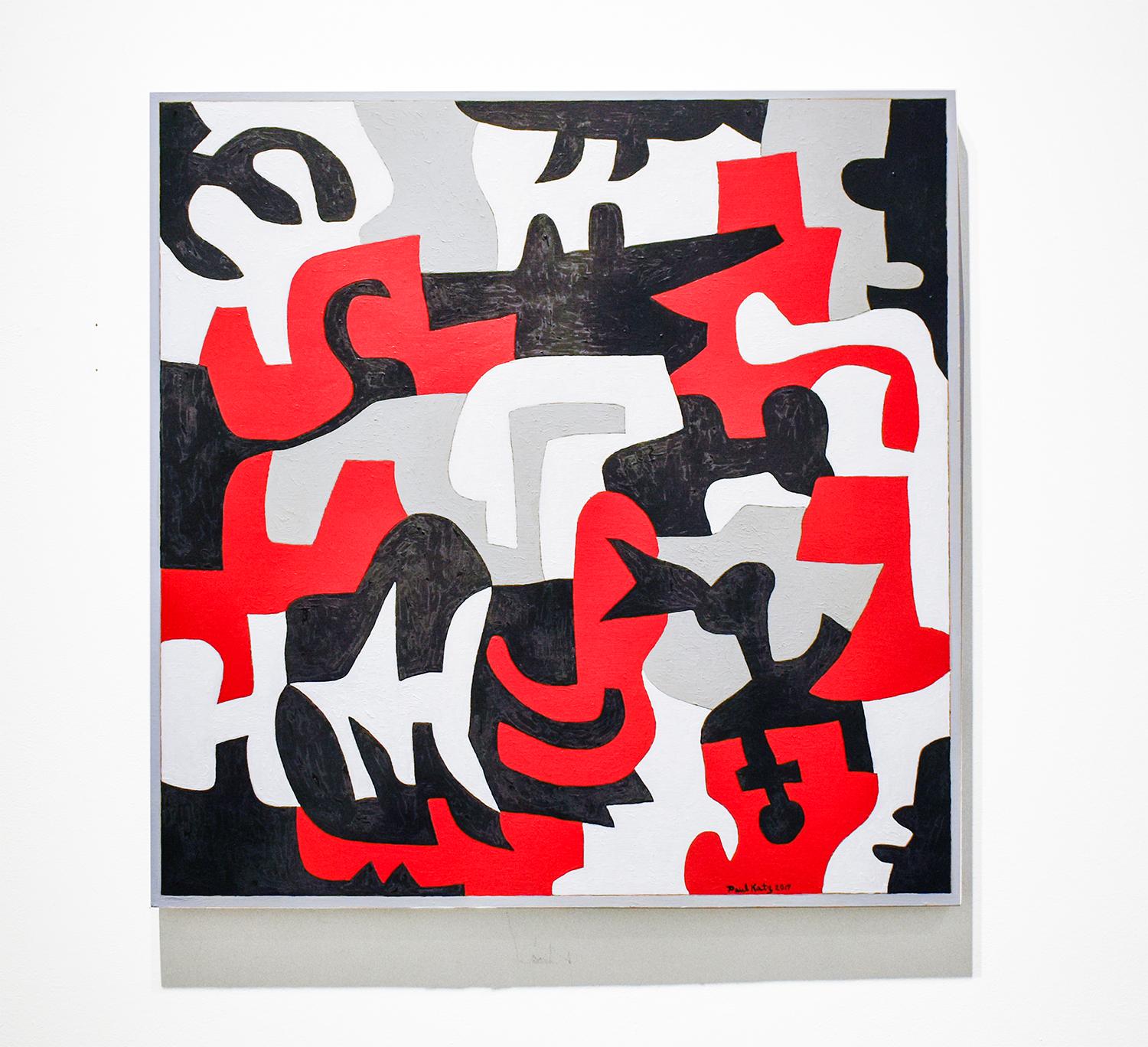 Interlock #53 (Graphic, Abstract Red, Grey, White & Black Painting on Canvas) For Sale 1